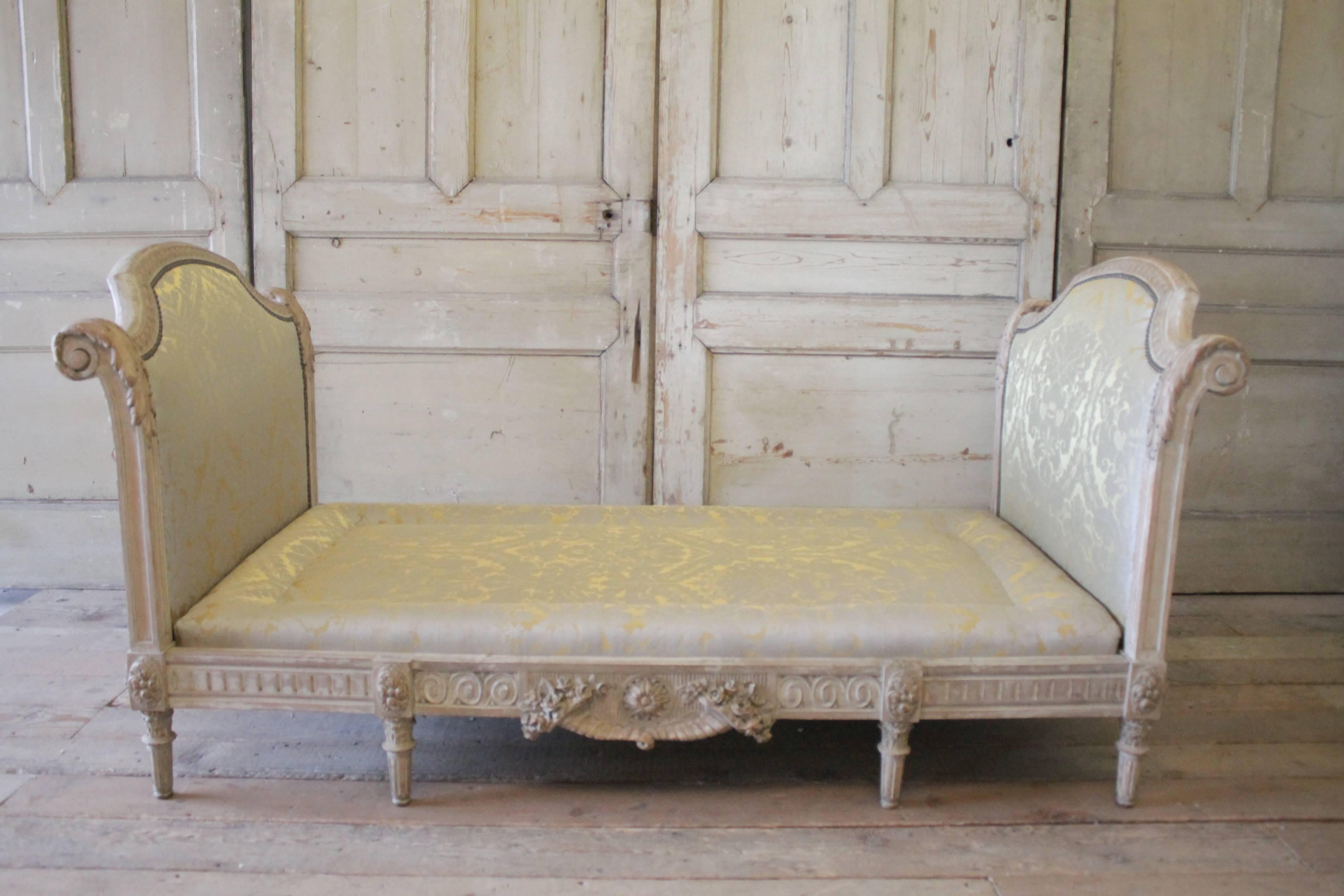 Hand-Carved Late 19th Century French Carved Pickled Louis XVI Style Upholstered Daybed