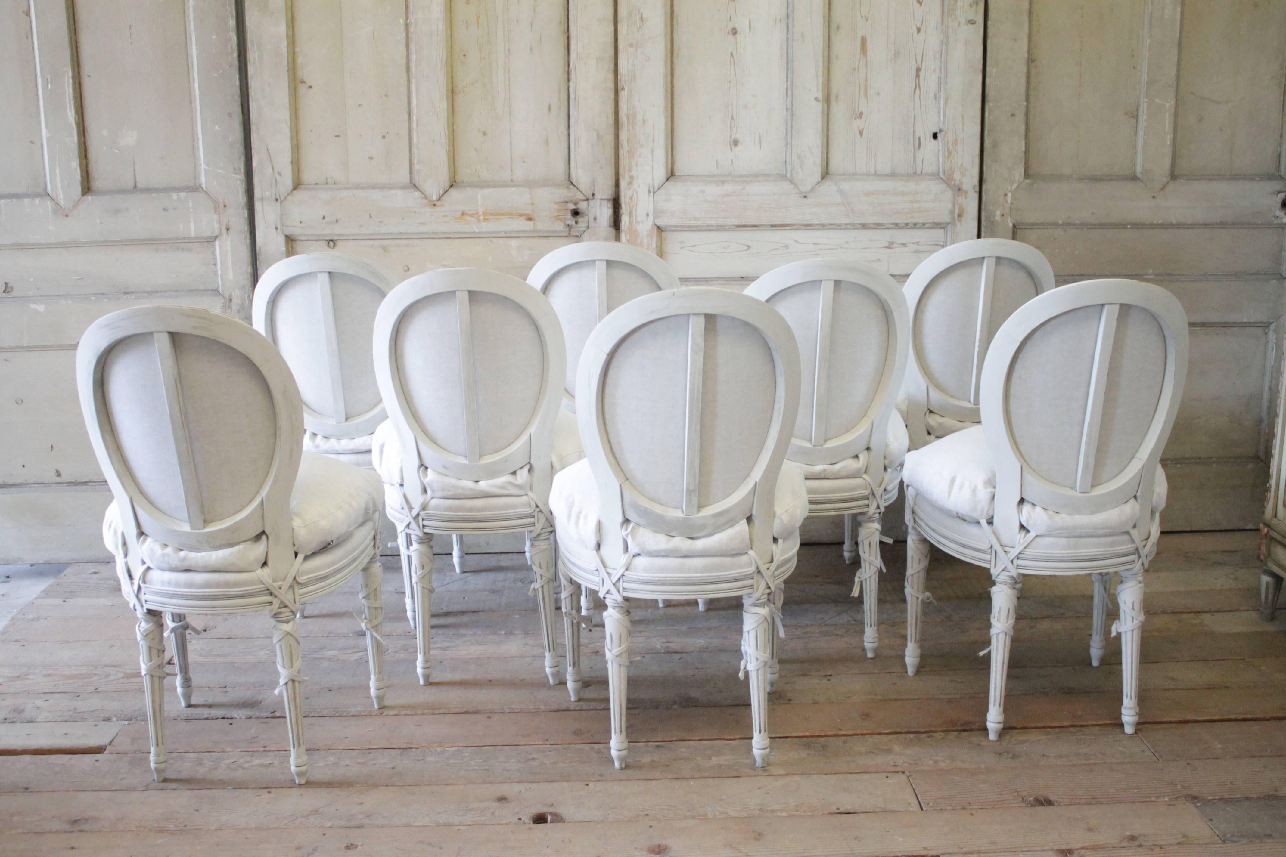 Linen 20th Century Set of Eight Painted and Upholstered Louis XVI Dining Chairs