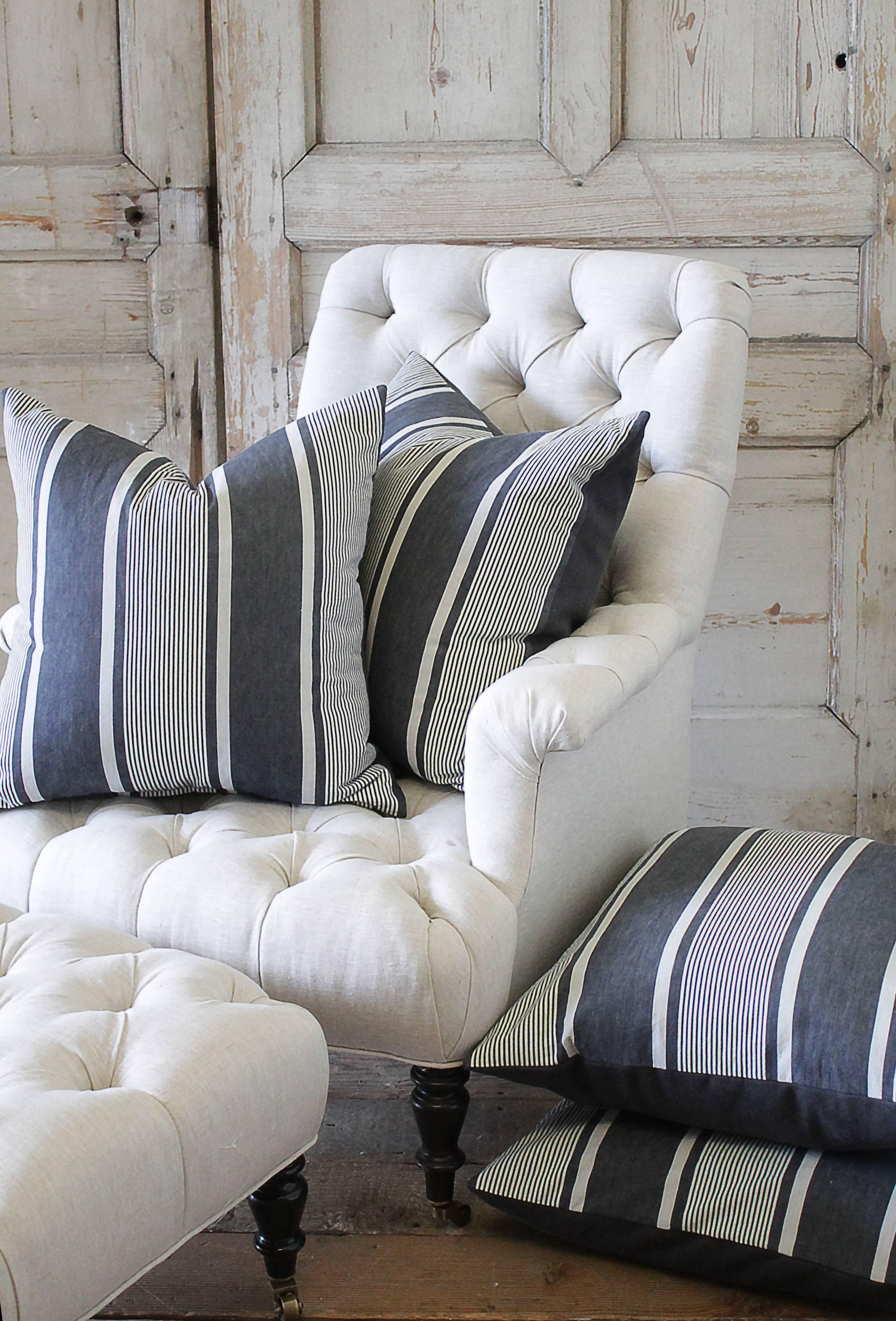 Rustic Antique French Ticking Accent Pillows in Coal For Sale