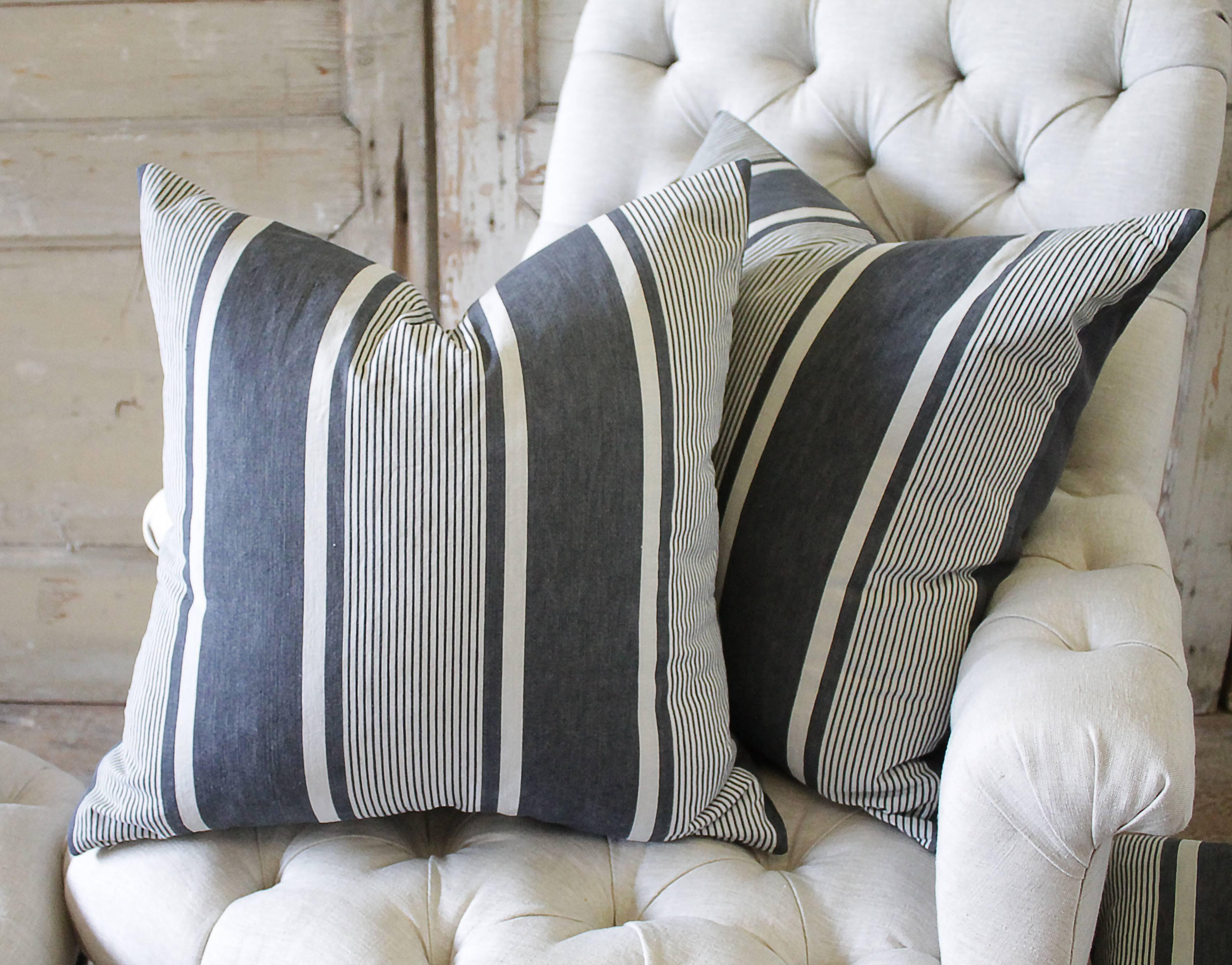 19th Century Antique French Ticking Accent Pillows in Coal