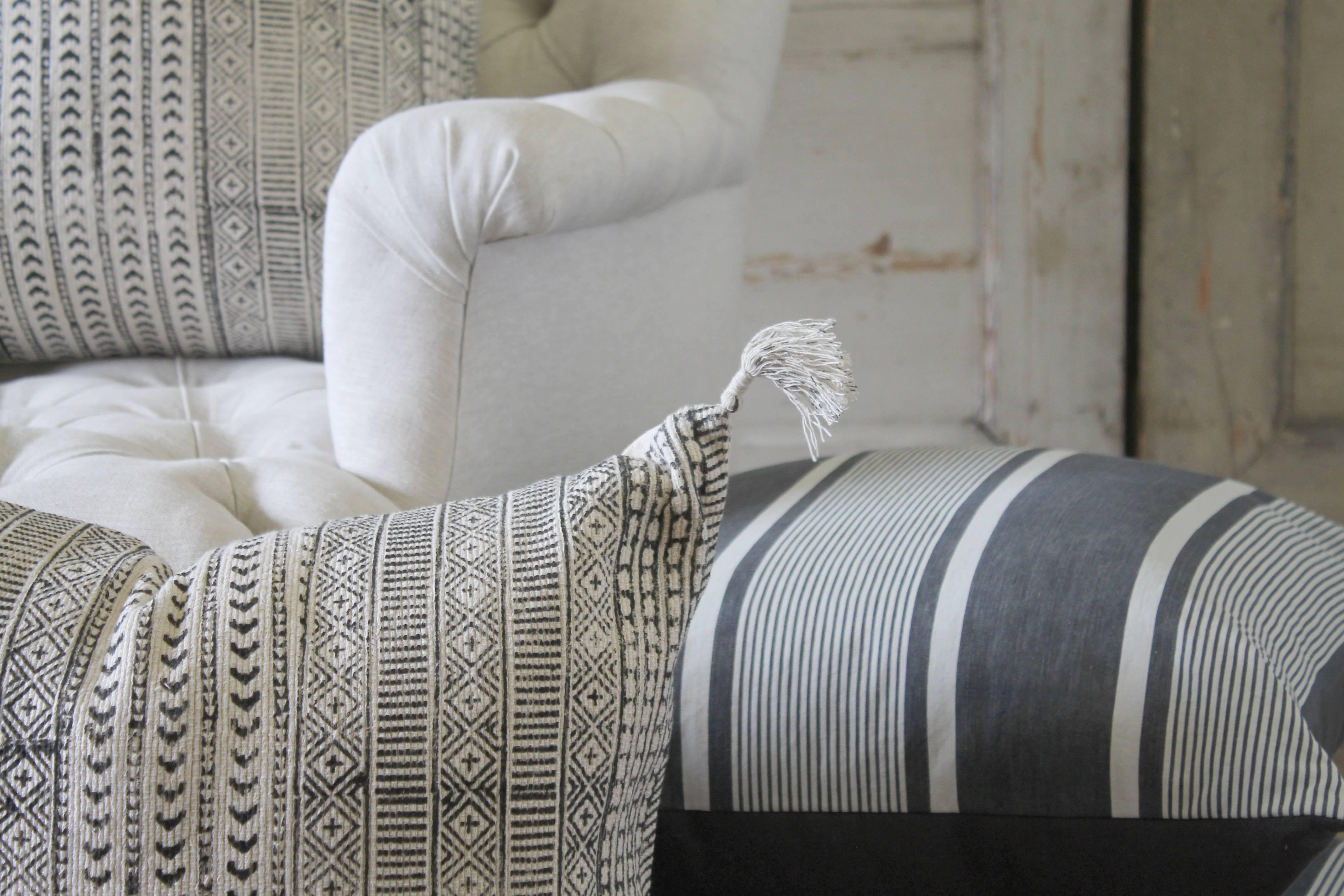 Contemporary New Hand Blocked Printed Pillows with Tassels