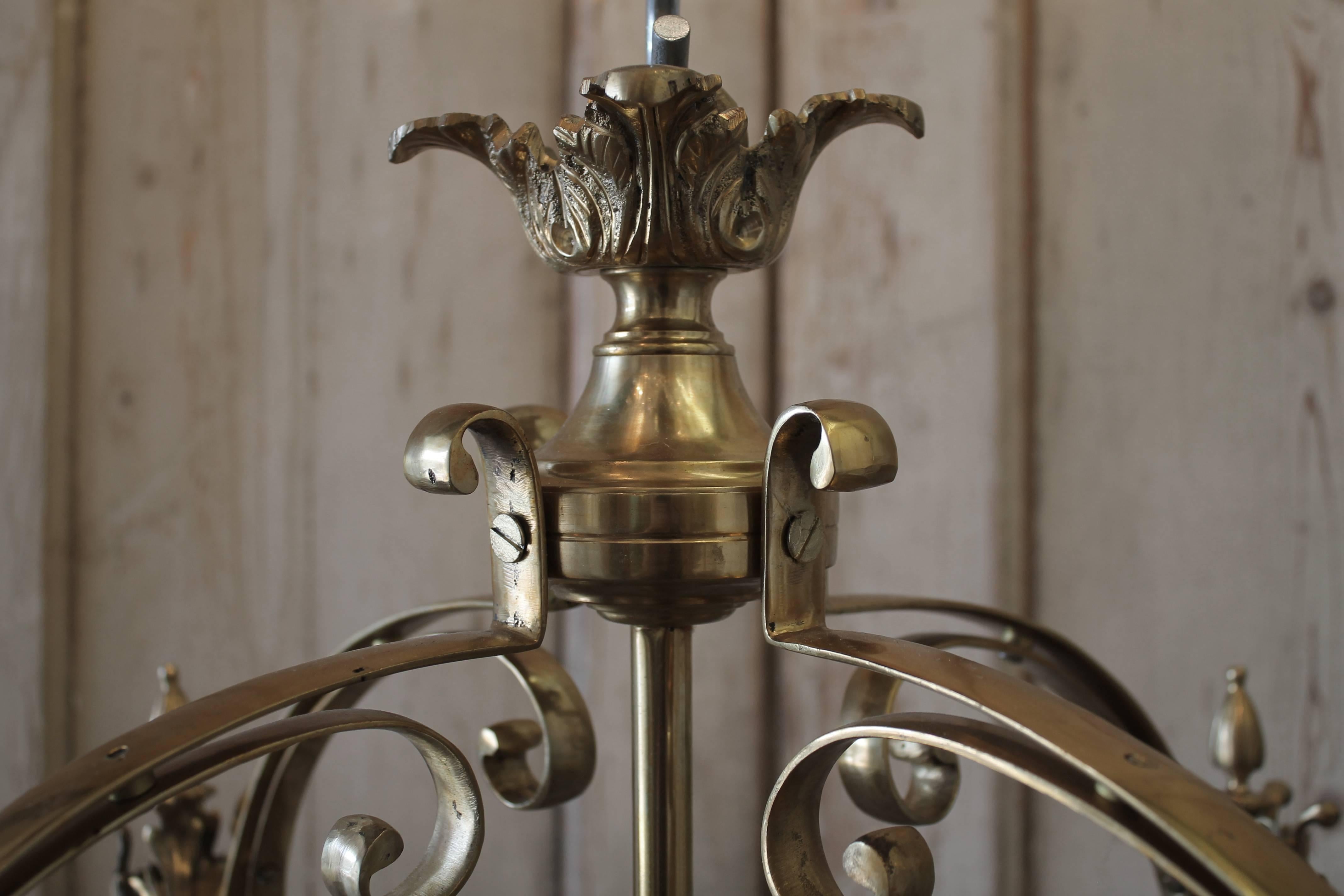 Beautiful gilt bronze lantern lights with etched glass insets.
Measures 20 x 20 x 48 with four lights each.
Each lantern sold separately (two available). 
 