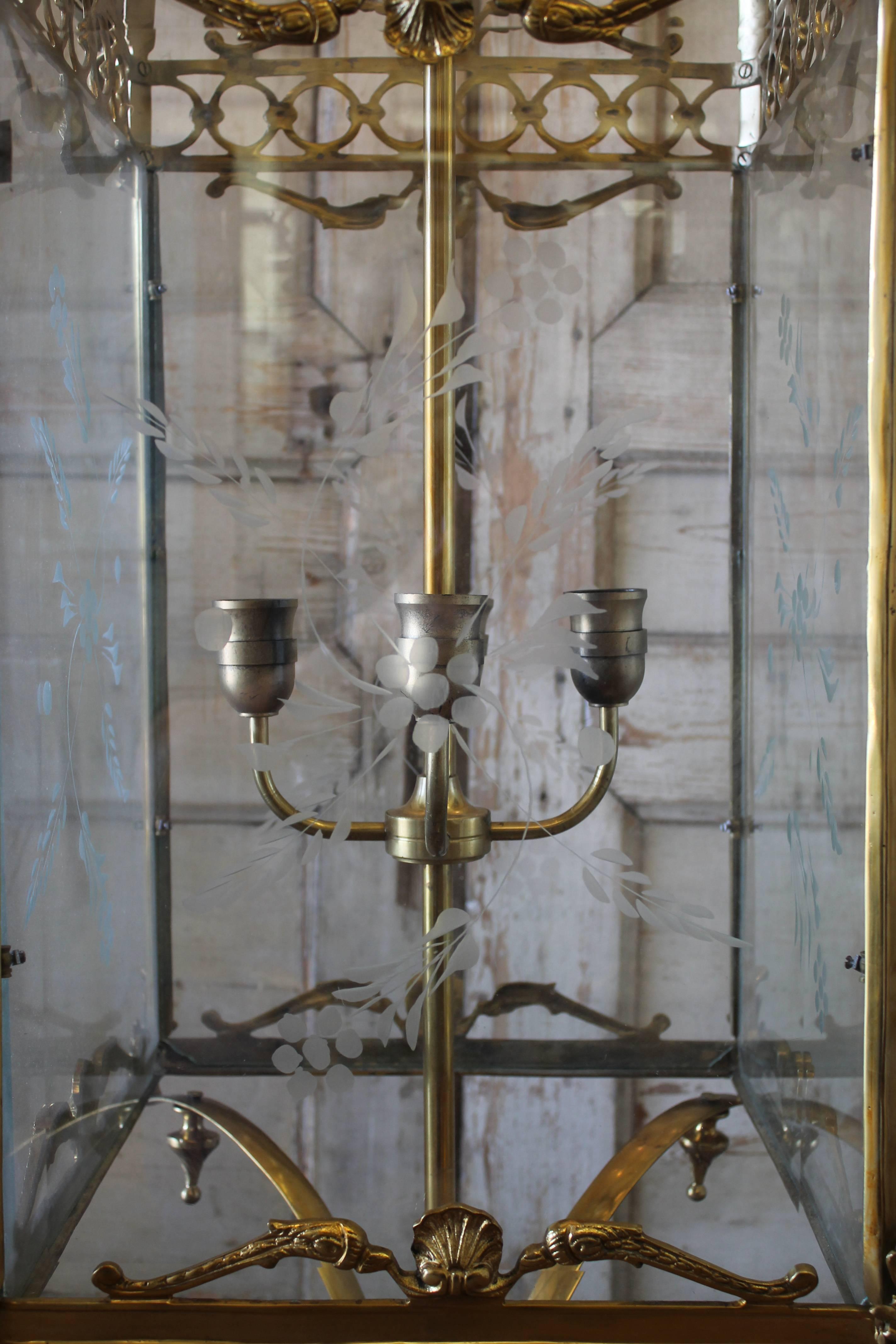 20th Century English Gilt Bronze Lantern Lights with Etched Glass