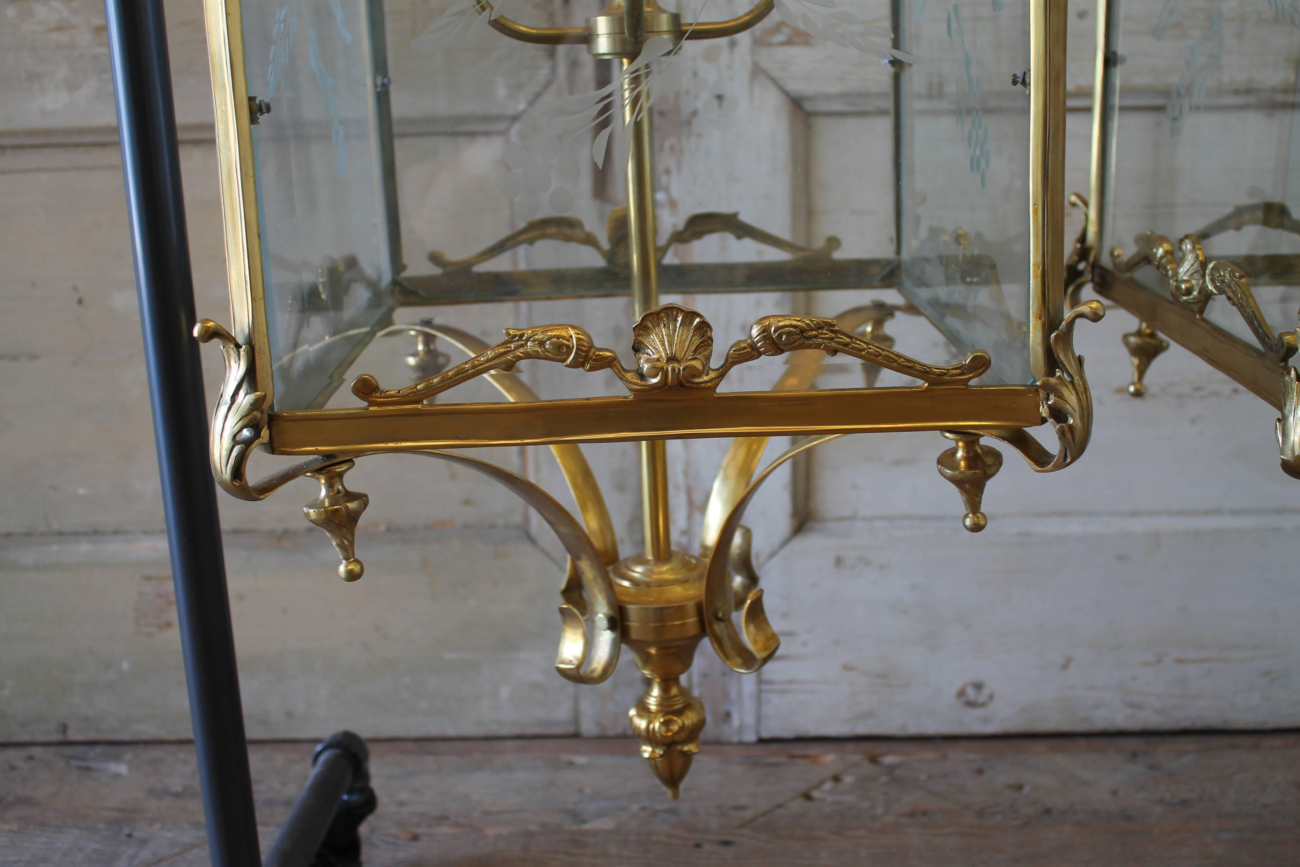 English Gilt Bronze Lantern Lights with Etched Glass 2