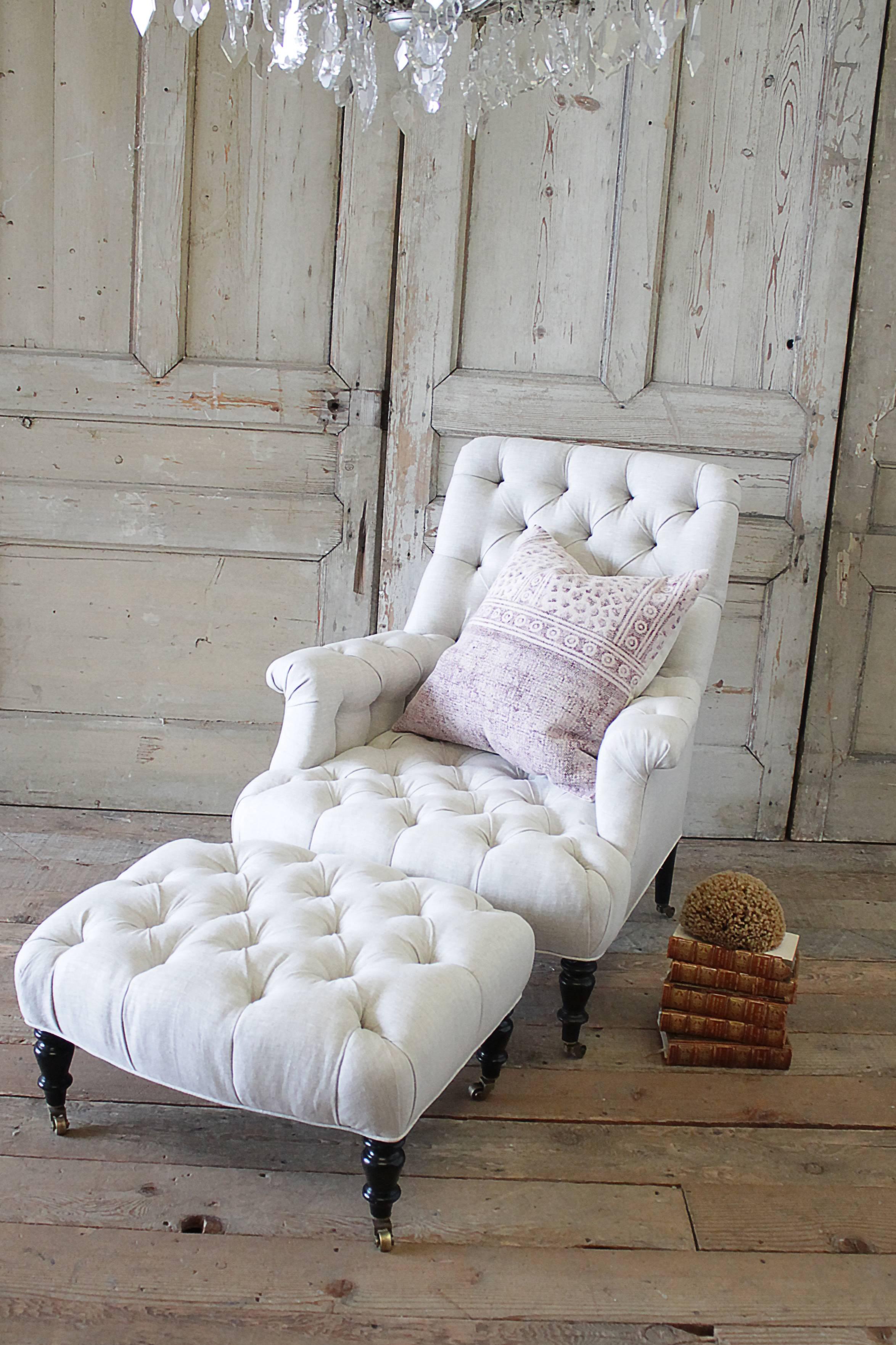 Beautiful newer Napoleon chair and ottoman has been reupholstered here by Full Bloom cottage in a soft oatmeal Belgian linen. We used a simple tufting with no buttons. High end frame constructed on solid wood, organic cotton, and organic linen. The