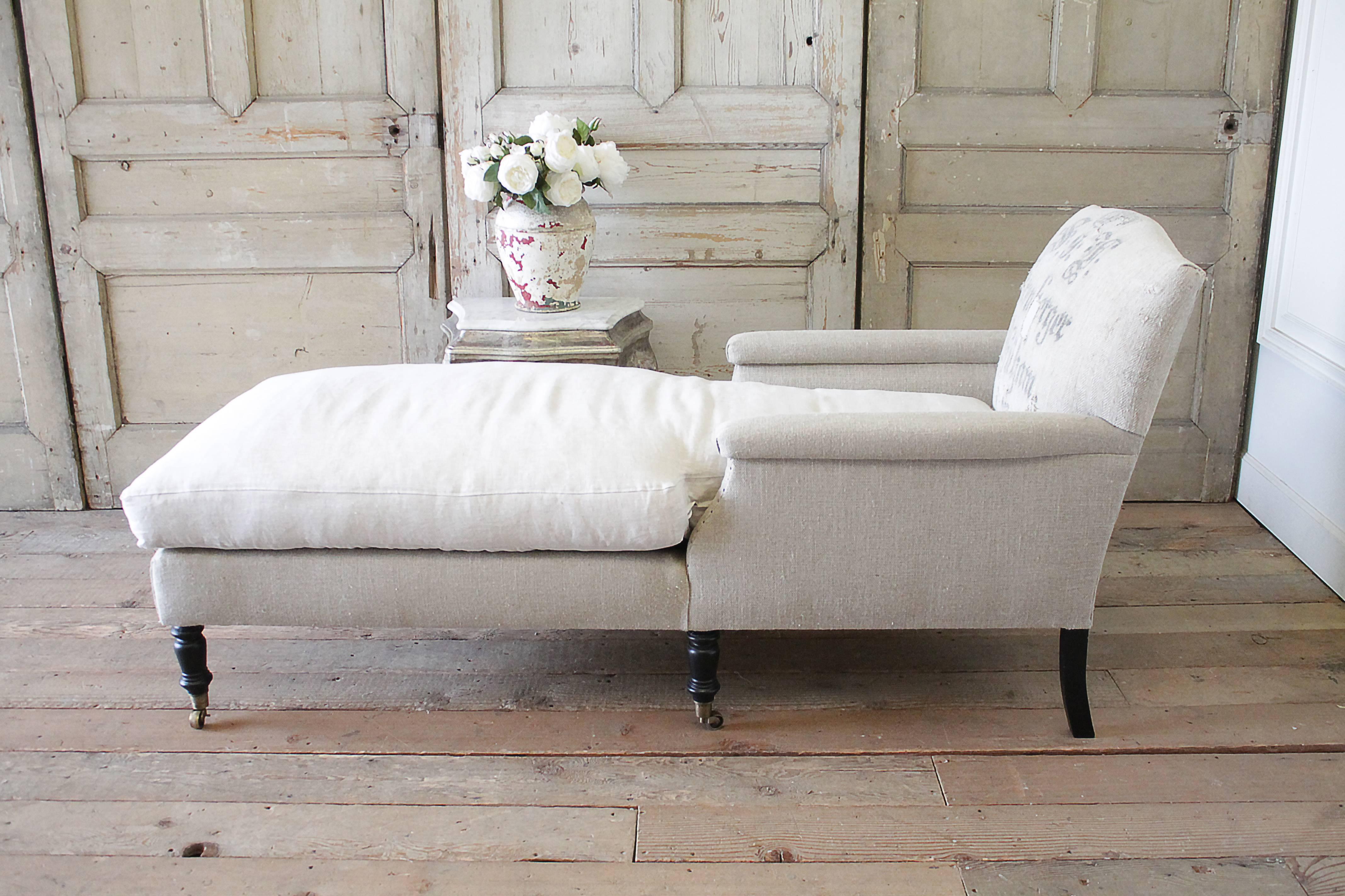 Rustic Antique Style Chaise Longue with Antique German Feed Sack Upholstery For Sale