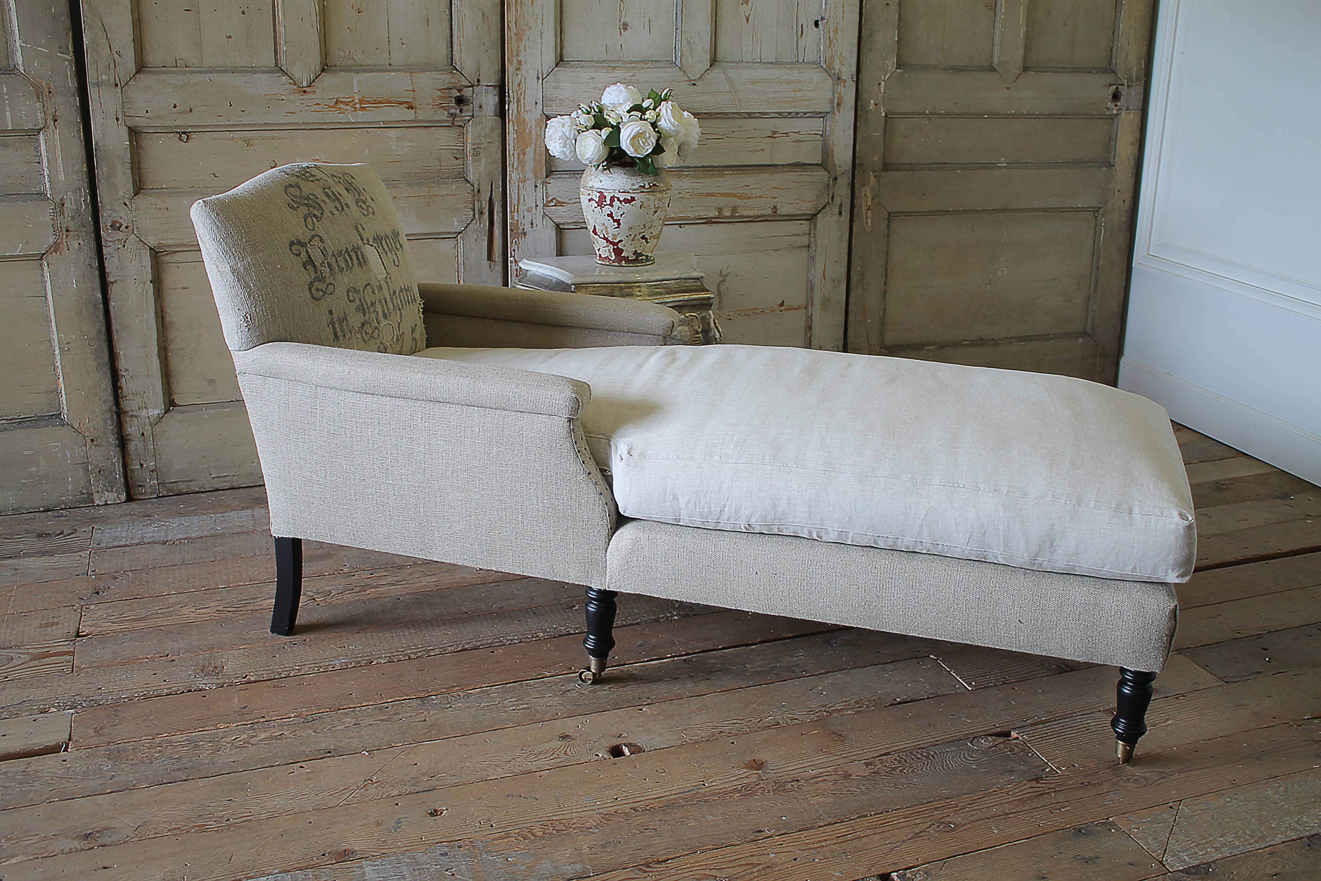 American Antique Style Chaise Longue with Antique German Feed Sack Upholstery For Sale