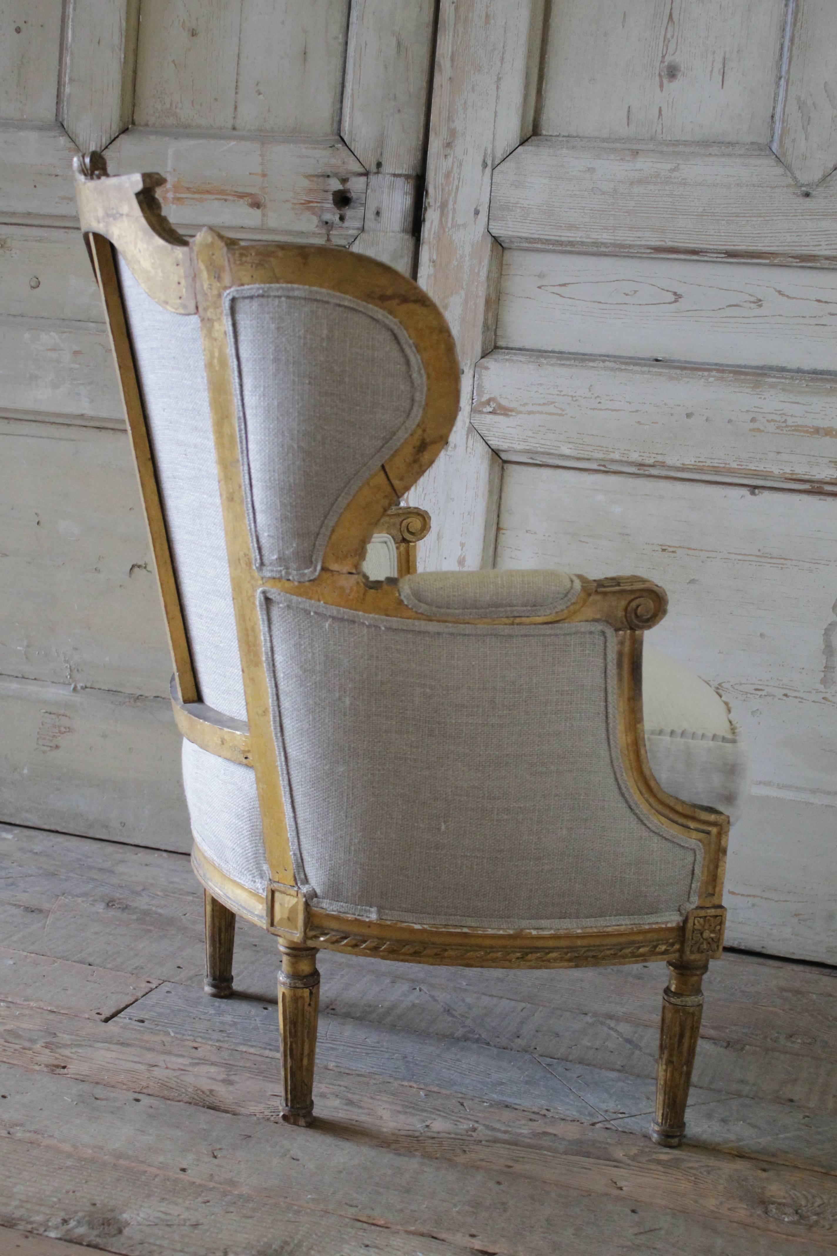 Antique French Louis XVI Style Wing Chair in Antique Grain Sack Upholstery In Distressed Condition In Brea, CA