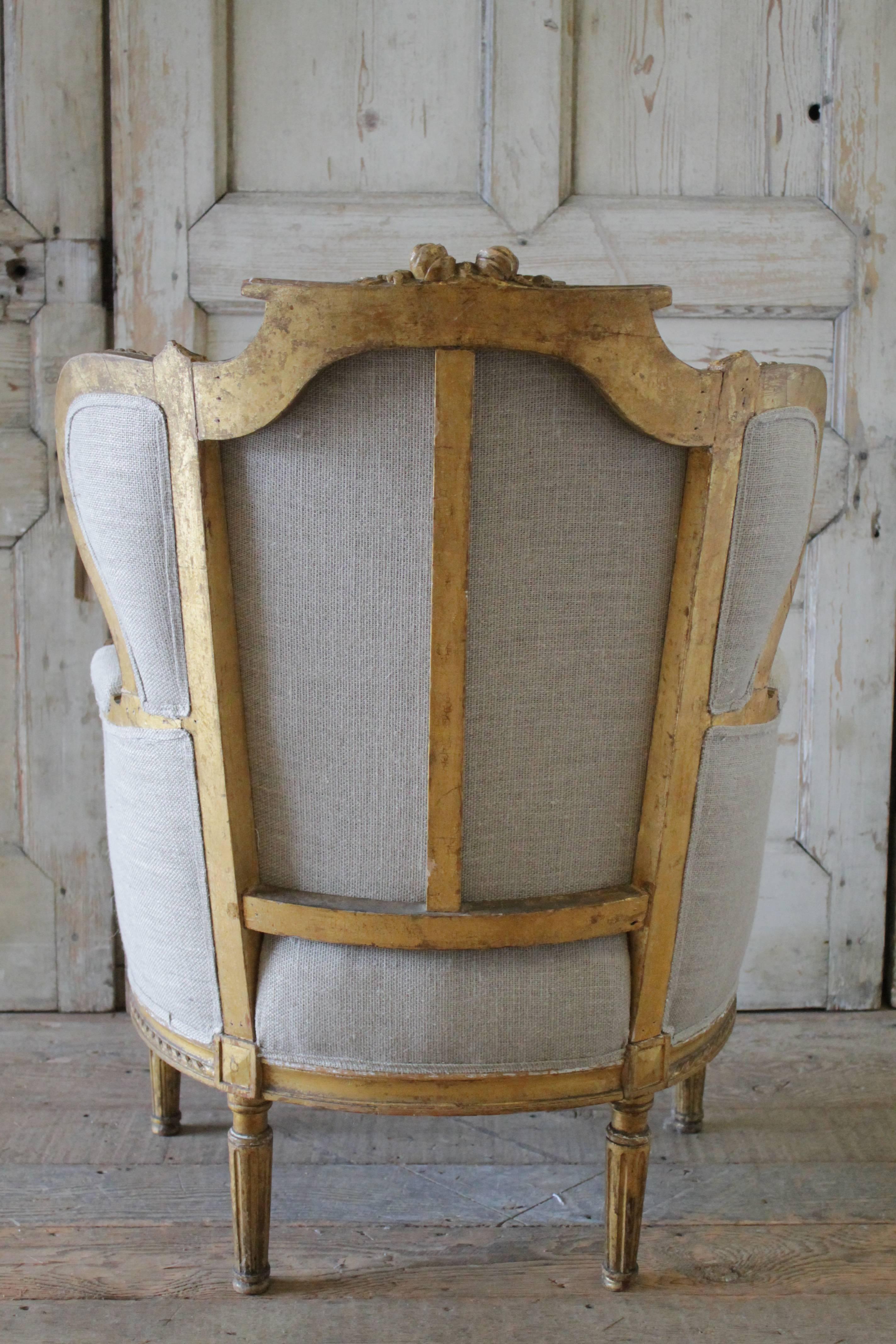 19th Century Antique French Louis XVI Style Wing Chair in Antique Grain Sack Upholstery