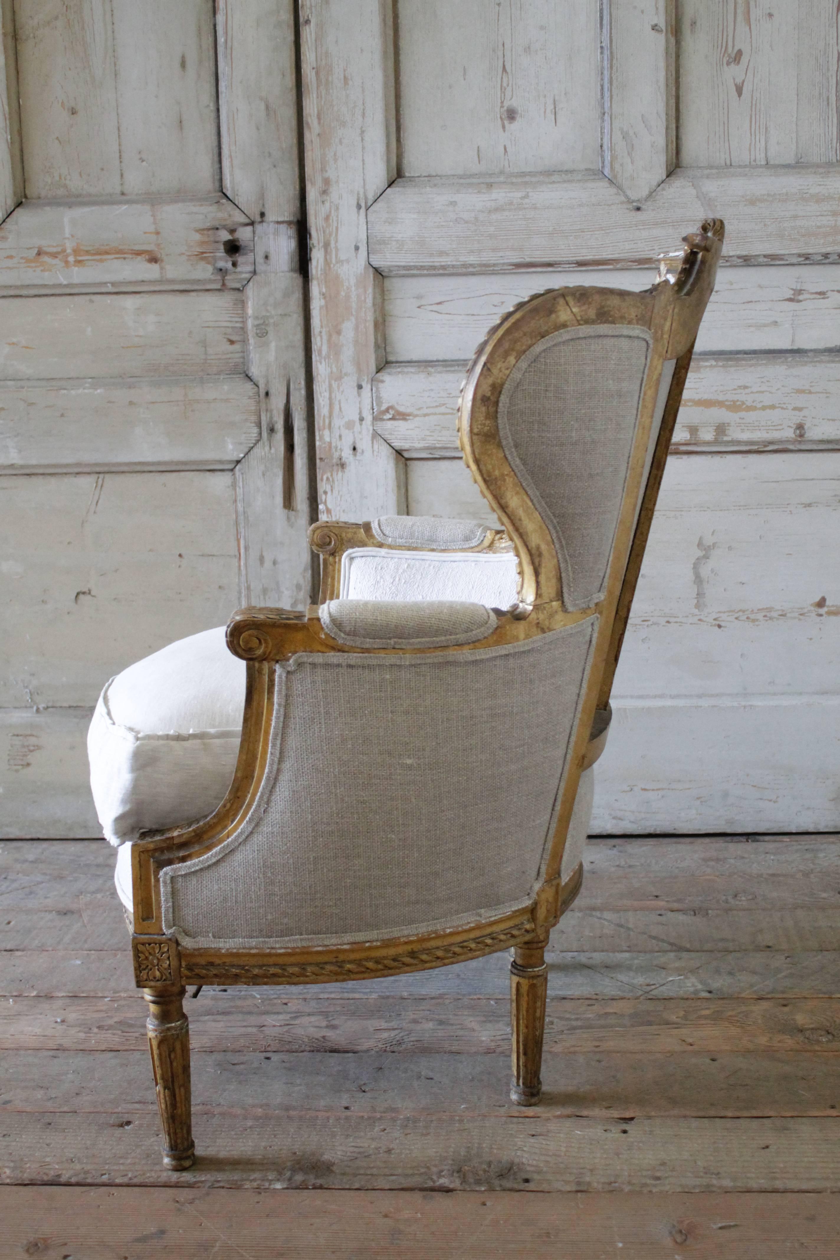 Linen Antique French Louis XVI Style Wing Chair in Antique Grain Sack Upholstery