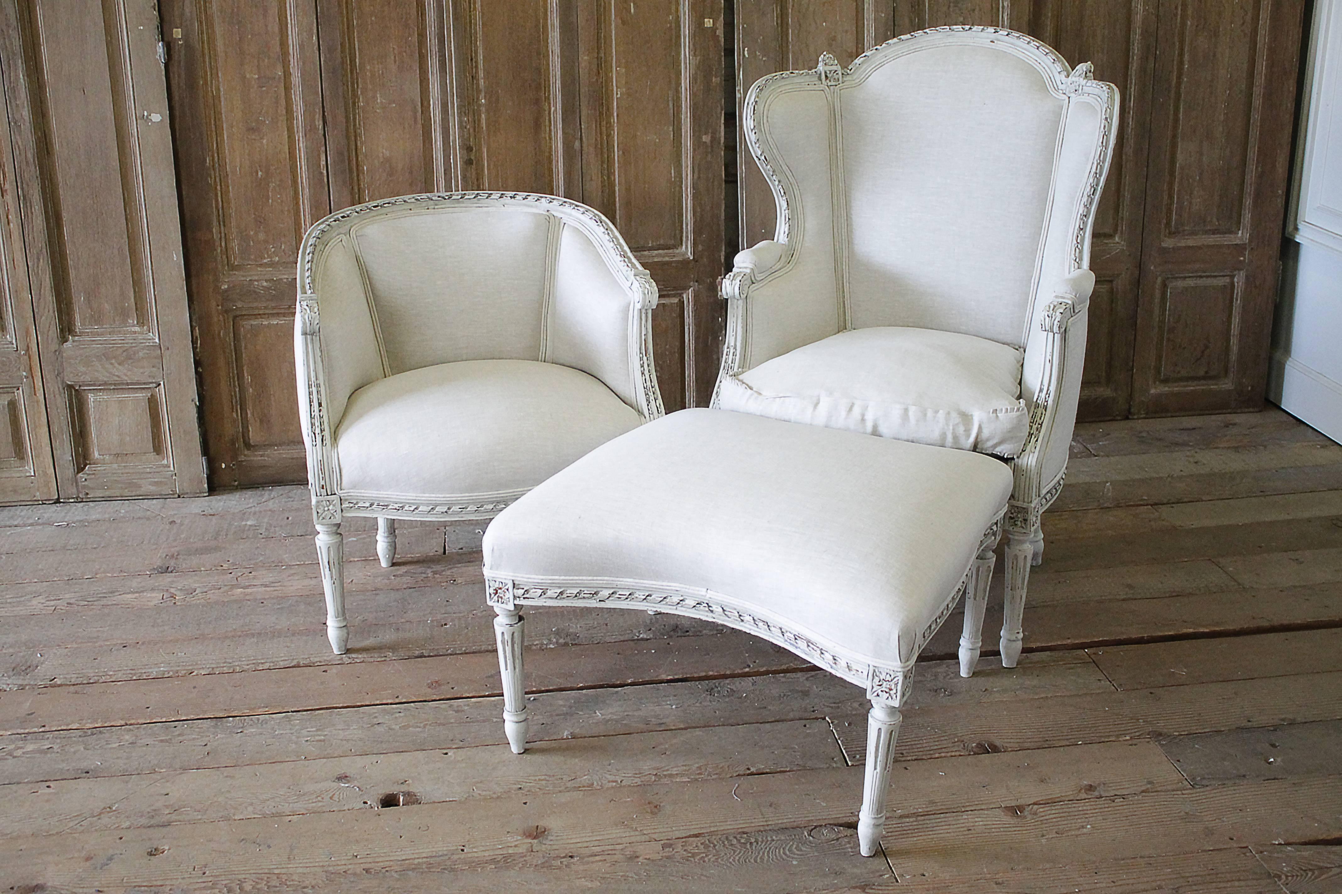 French 19th Century Louis XVI Style Three-Piece Chaise Brisse in Belgian Linen