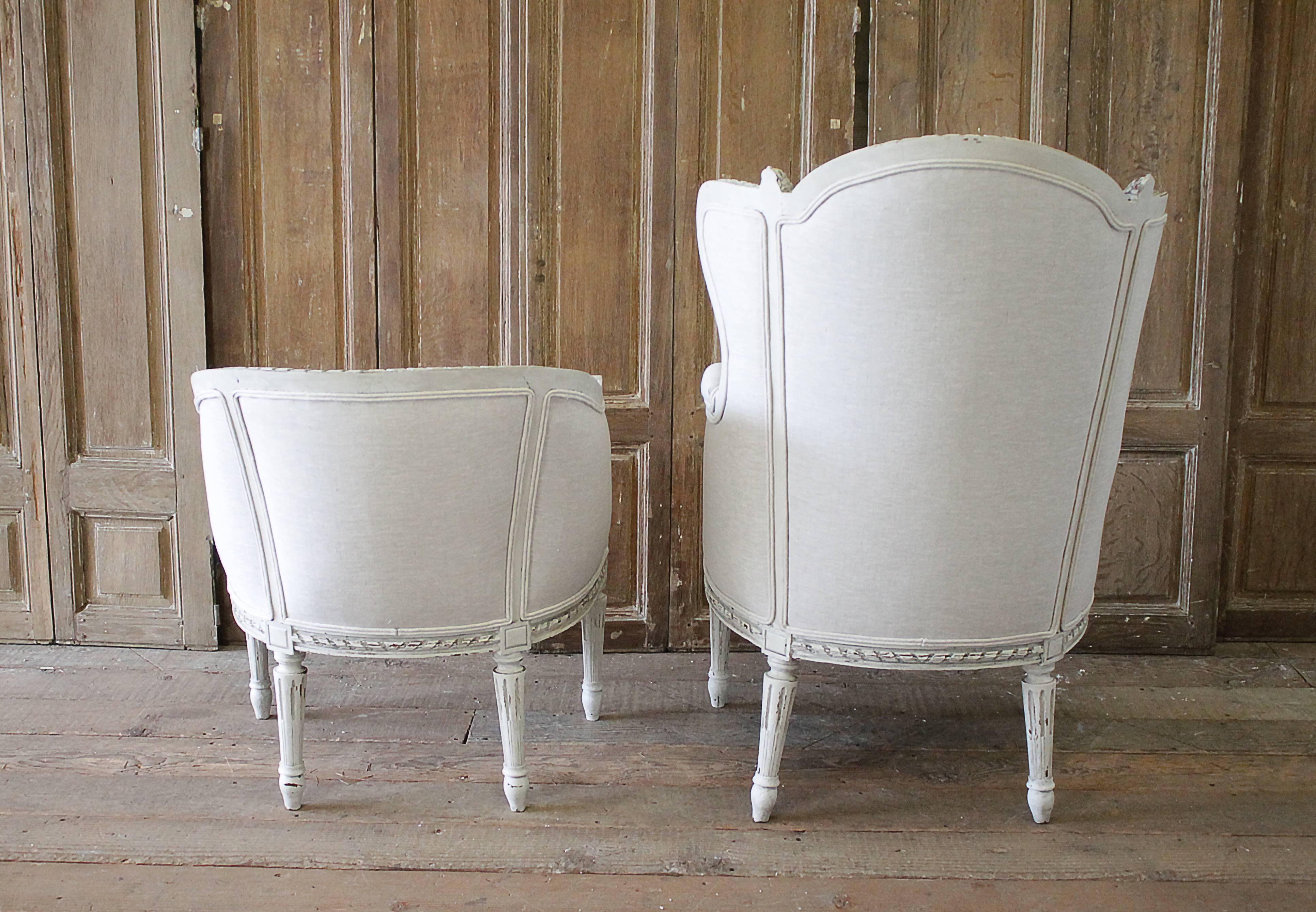 19th Century Louis XVI Style Three-Piece Chaise Brisse in Belgian Linen 4
