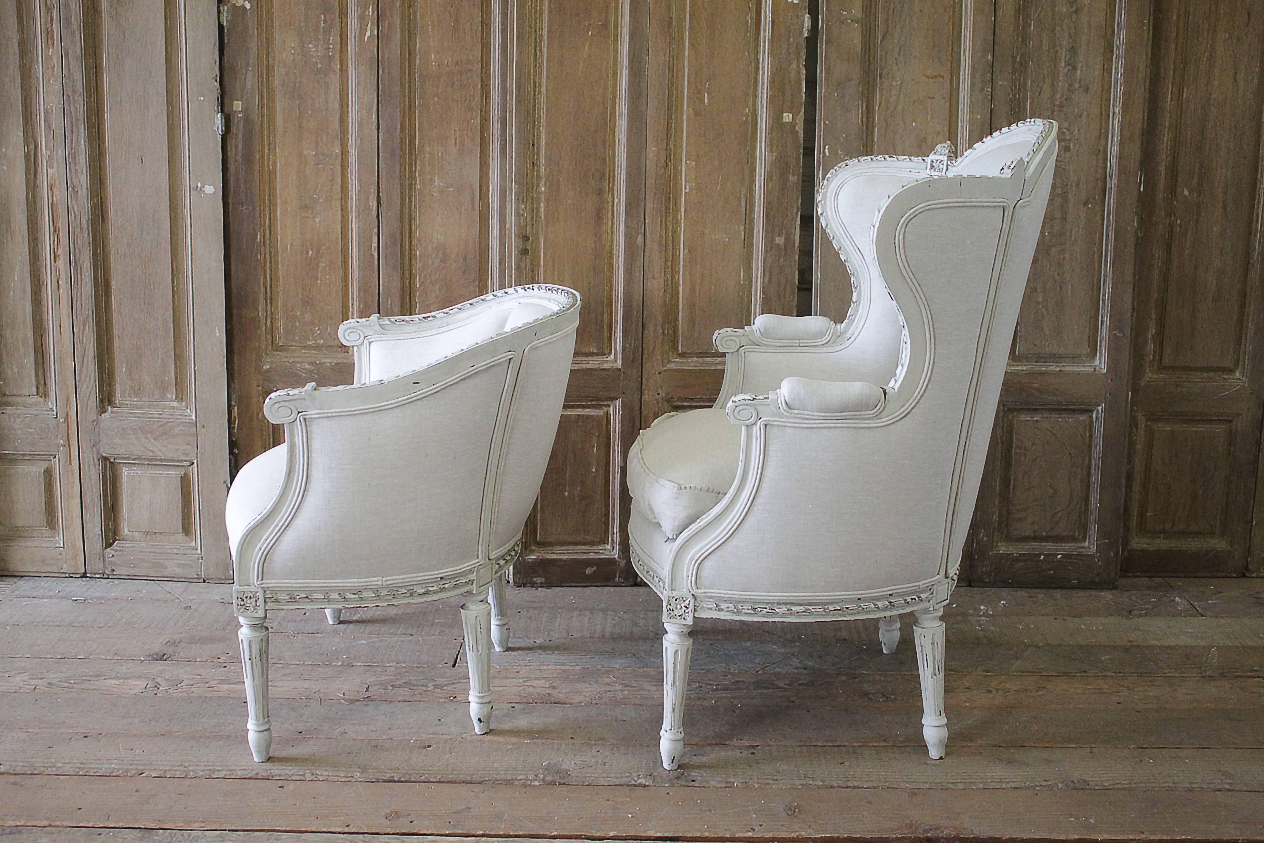 19th Century Louis XVI Style Three-Piece Chaise Brisse in Belgian Linen 2