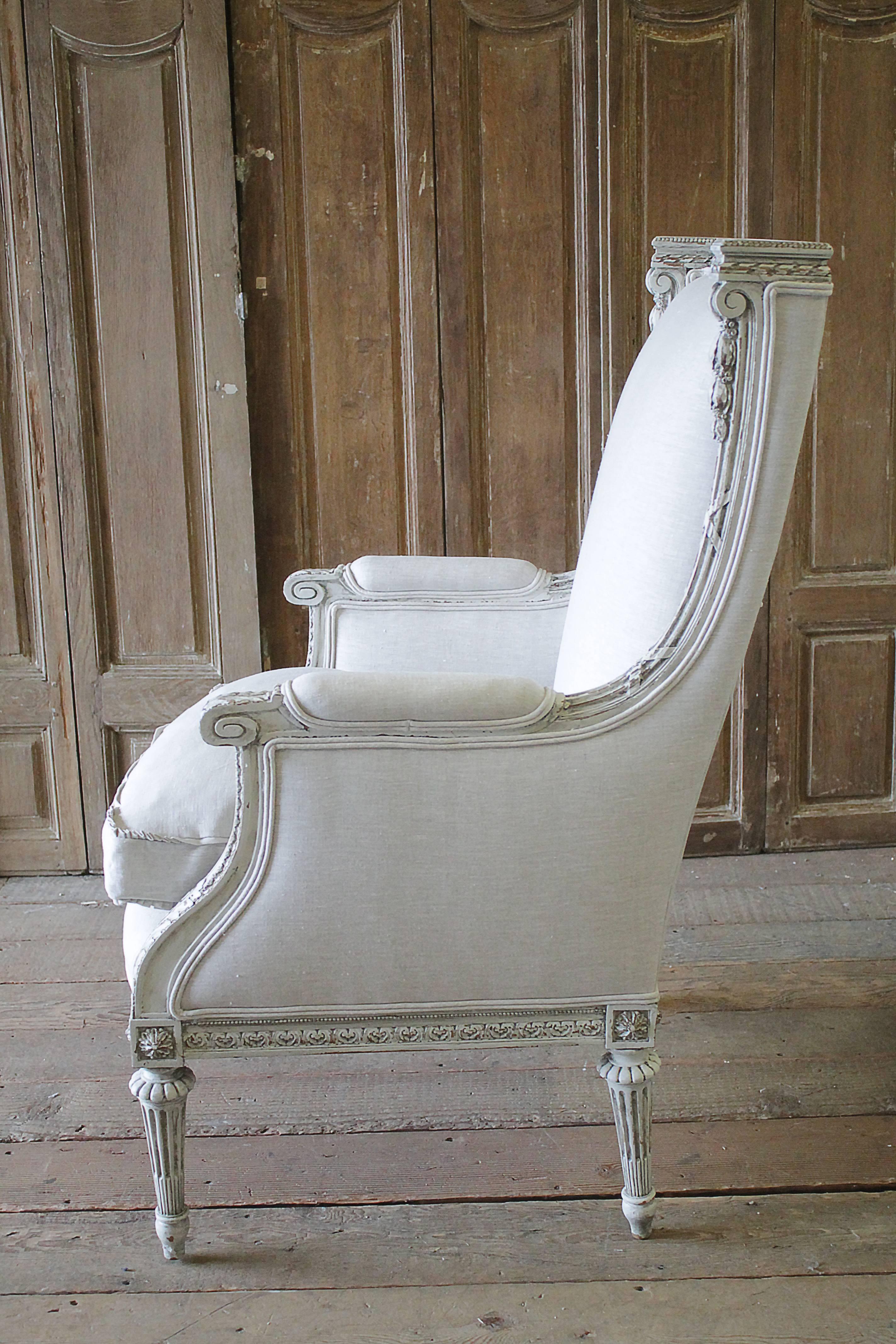 Antique Louis XVI Painted and Upholstered Wing Chair and Ottoman 2
