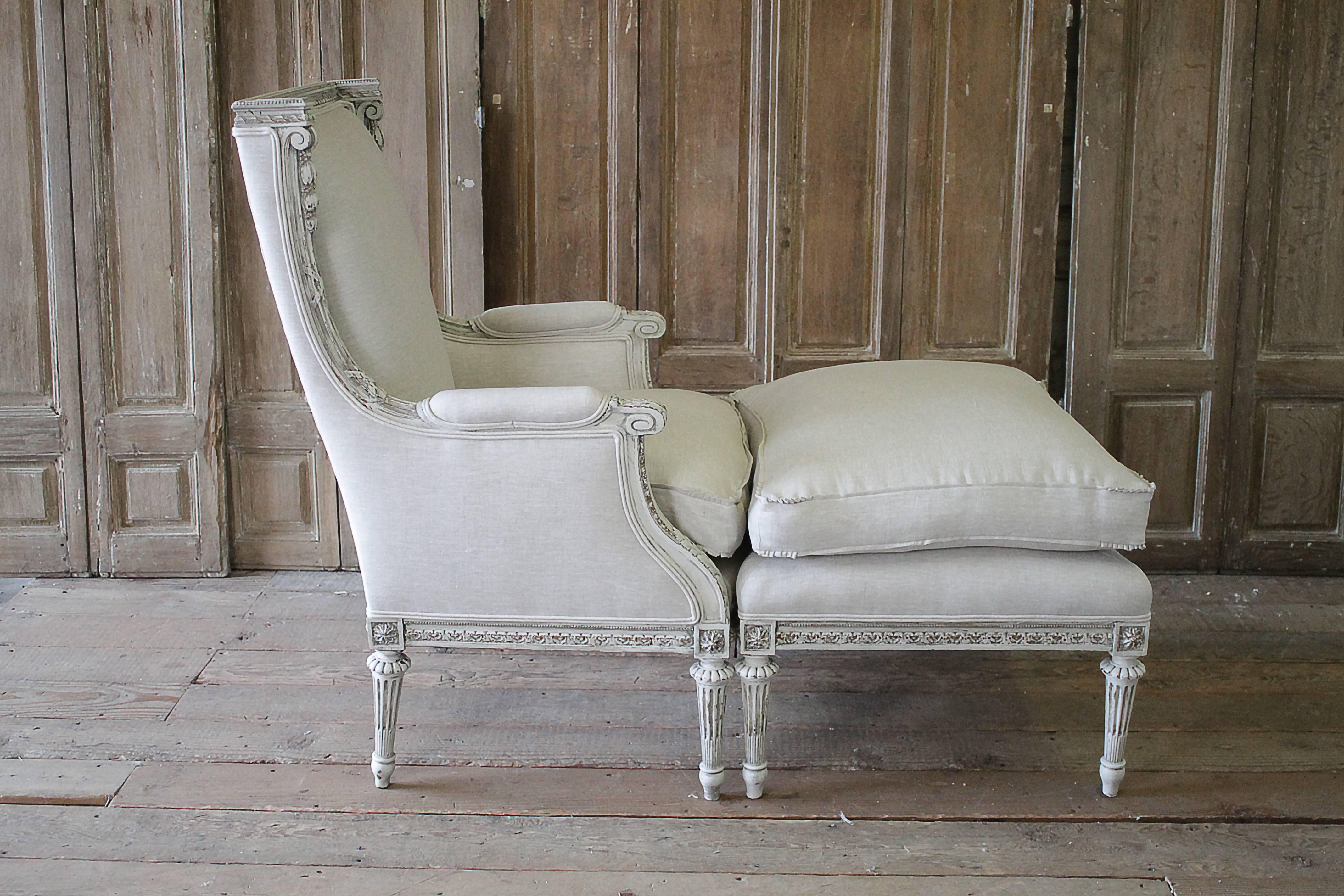 Linen Antique Louis XVI Painted and Upholstered Wing Chair and Ottoman