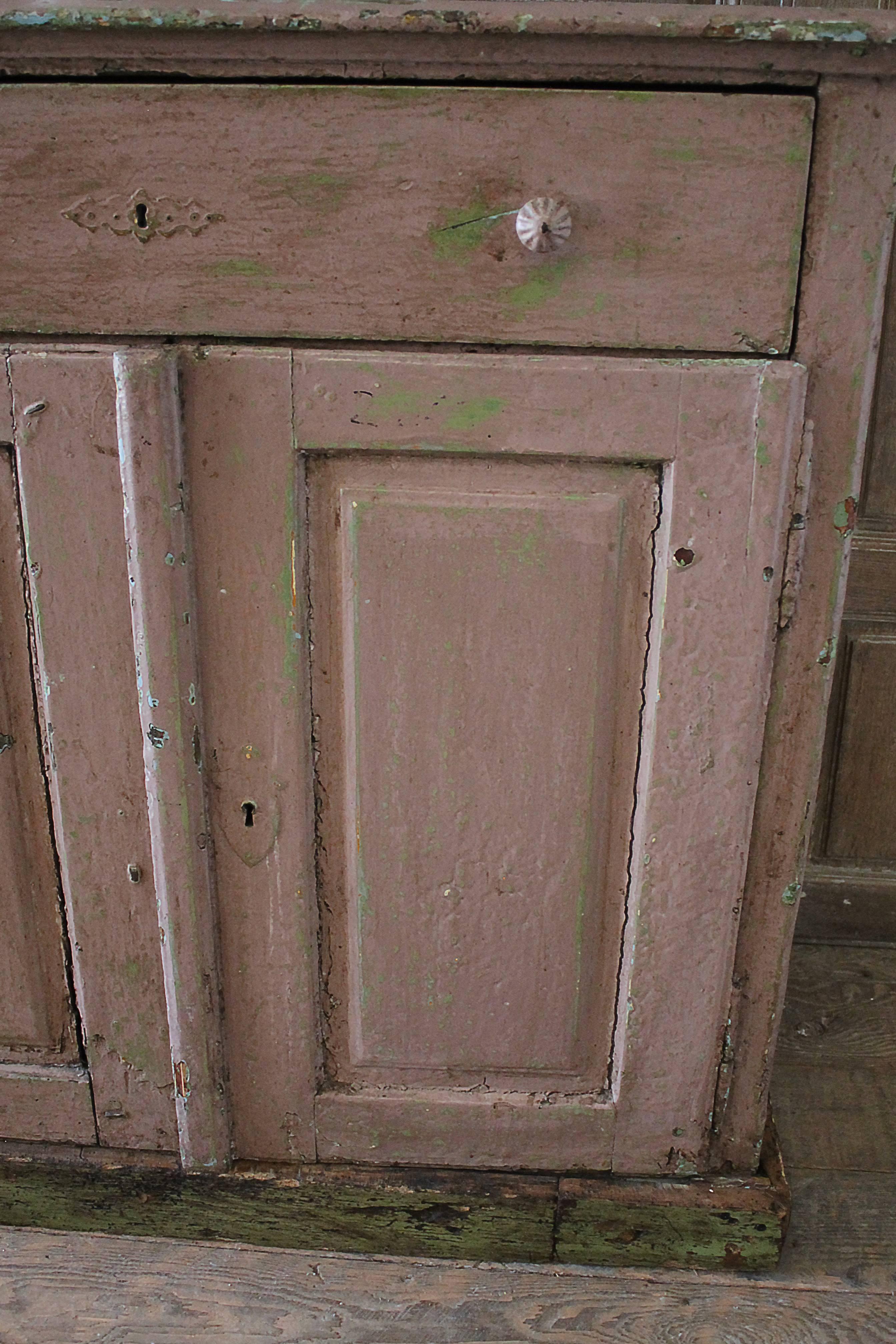 19th Century Pink Chippy Painted Swedish Cupboard In Distressed Condition In Brea, CA
