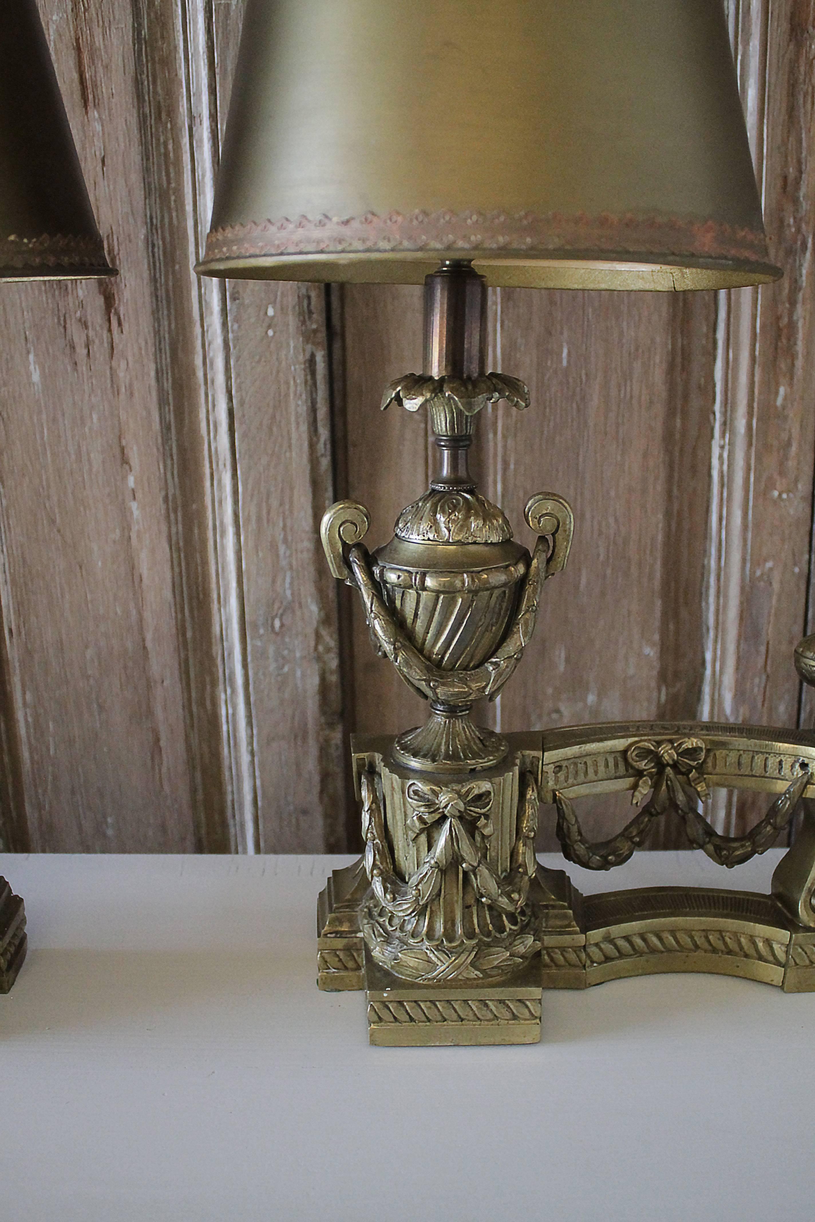20th Century Pair of Vintage Brass Custom-Made Andiron Lamps For Sale