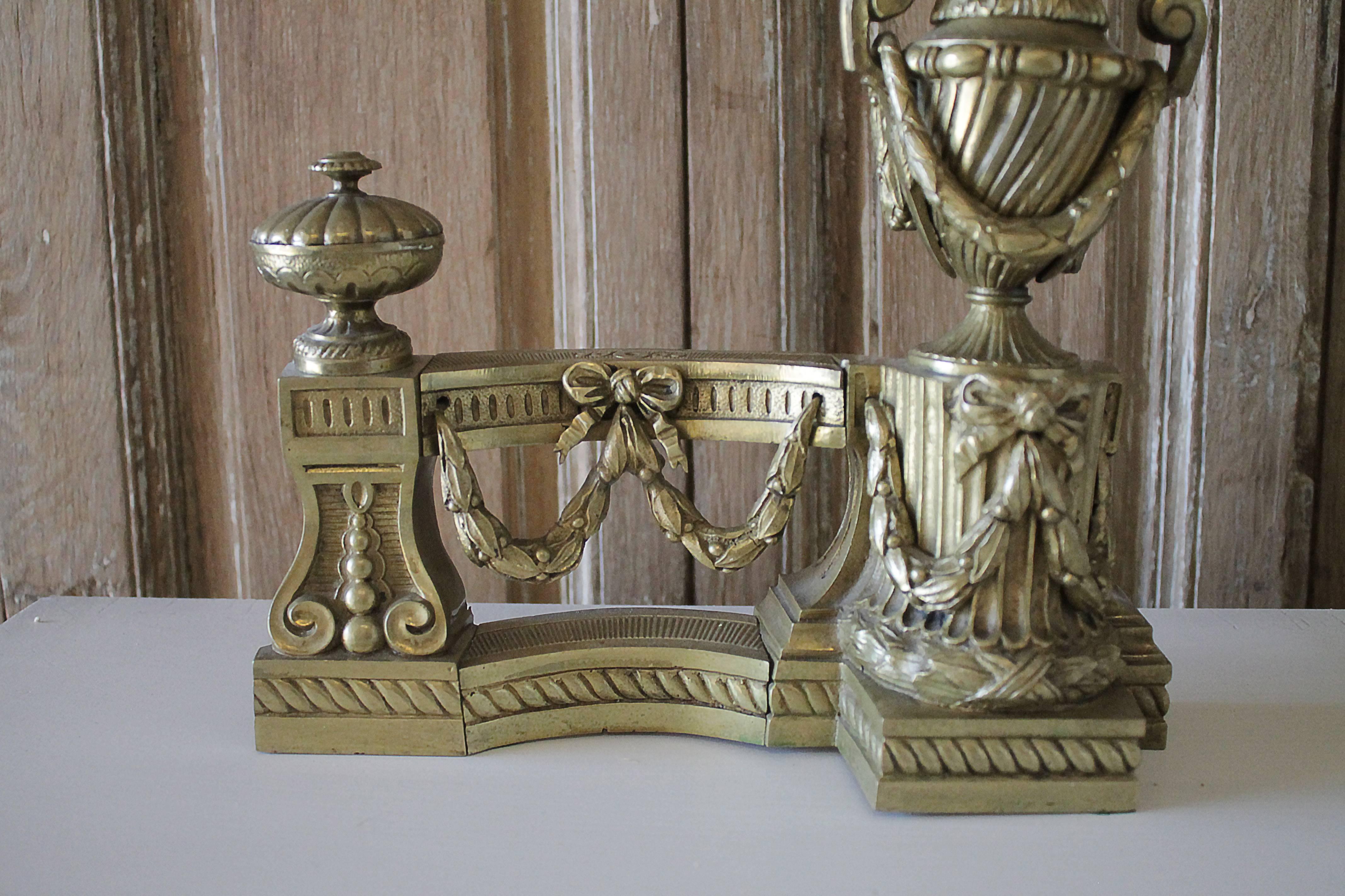 French Pair of Vintage Brass Custom-Made Andiron Lamps For Sale