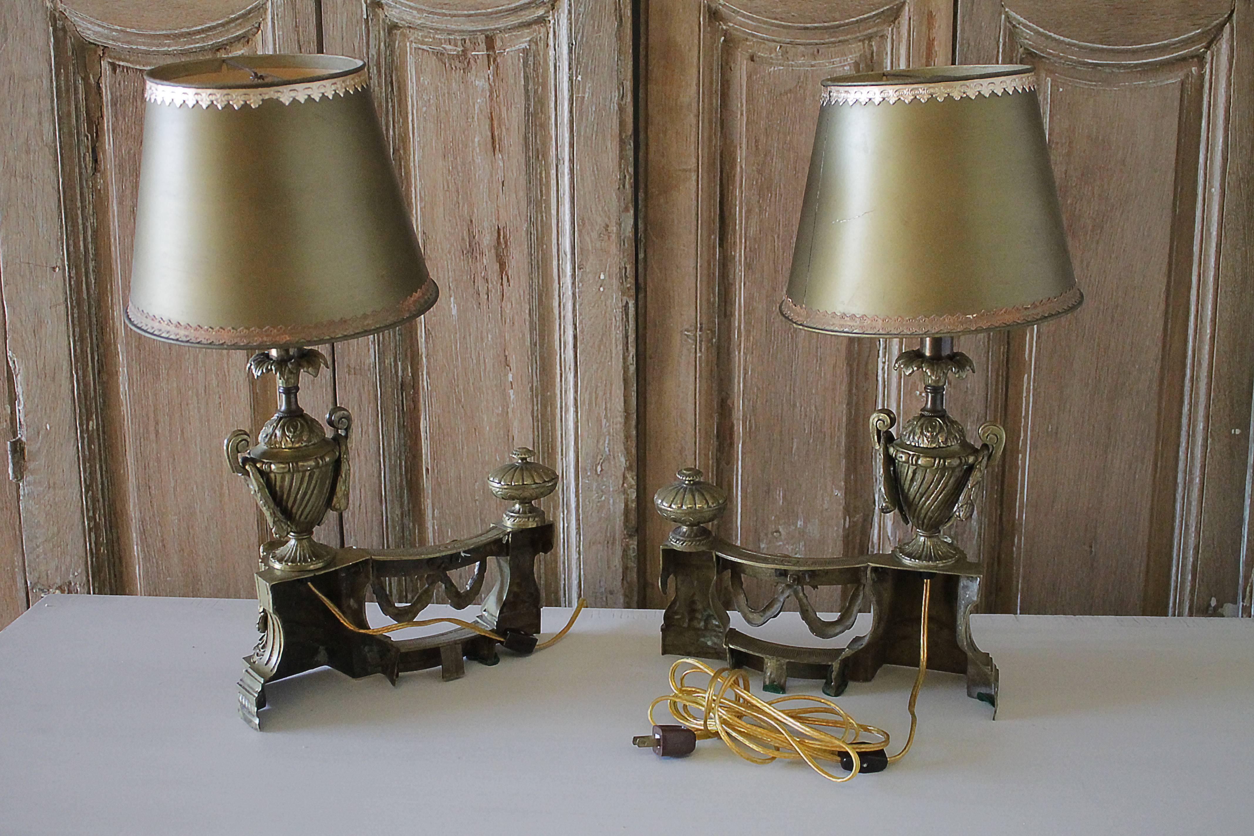 Pair of Vintage Brass Custom-Made Andiron Lamps For Sale 5