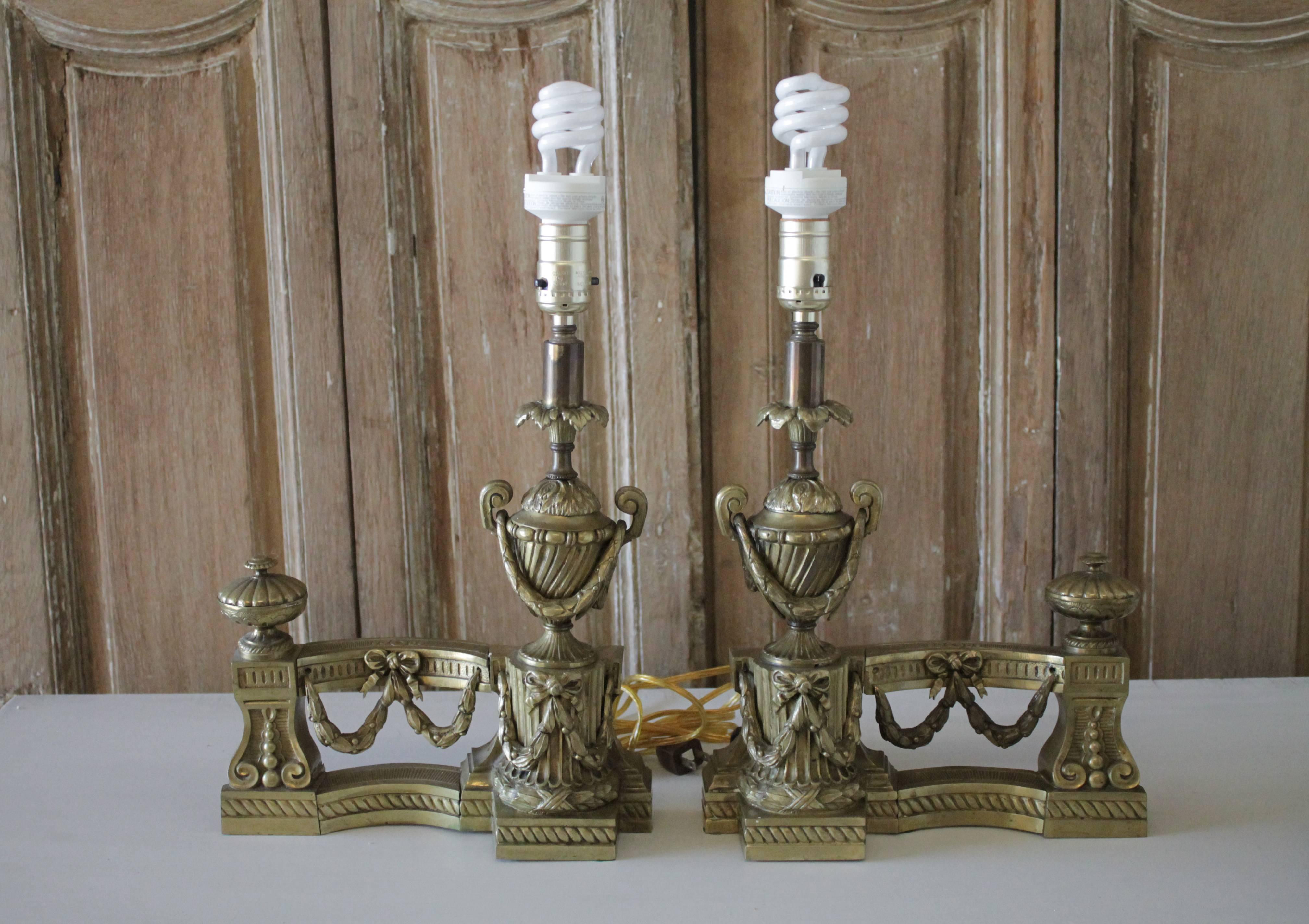 Pair of Vintage Brass Custom-Made Andiron Lamps For Sale 4
