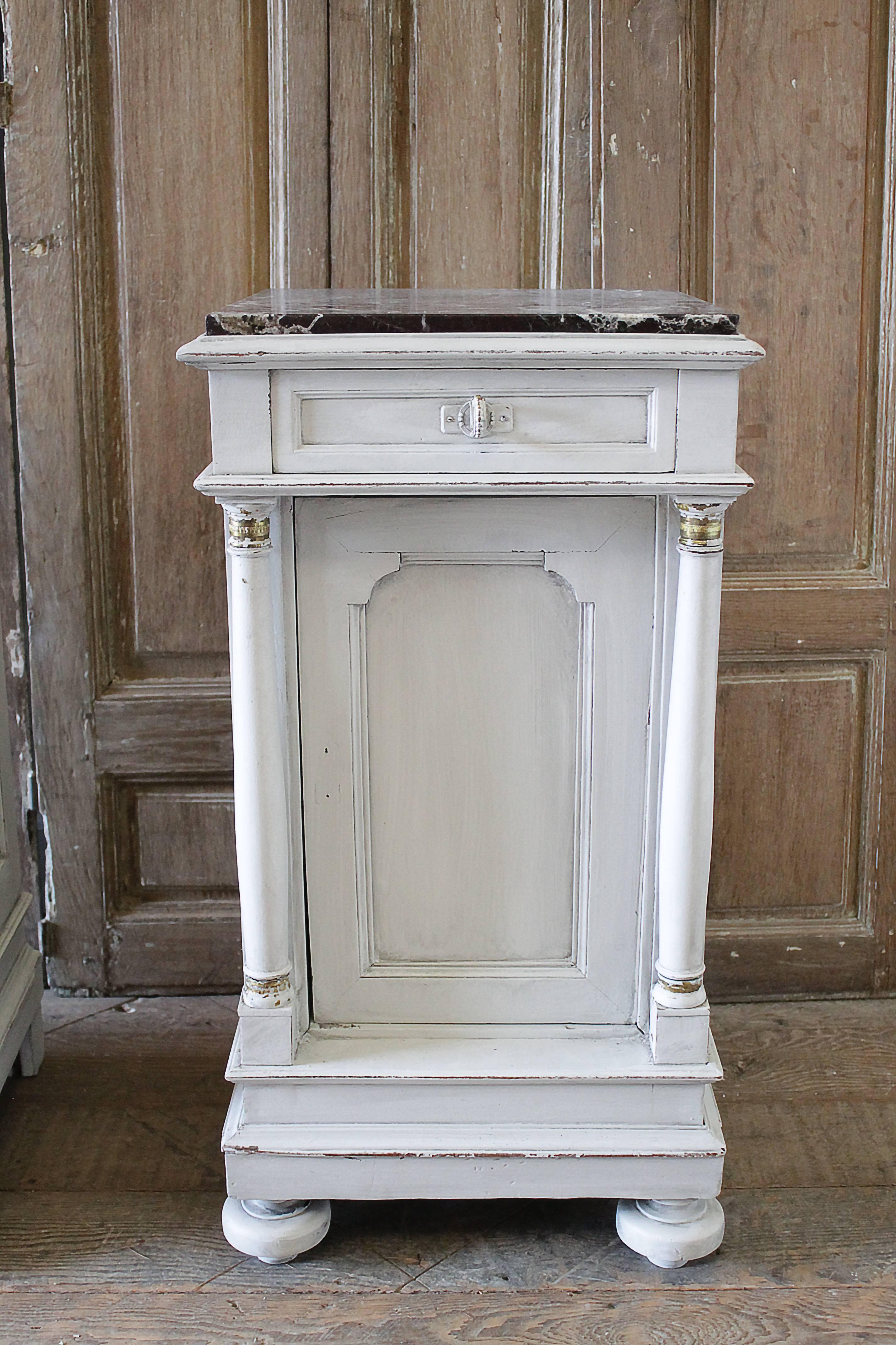 French Pair of Painted Neoclassical Style Nightstands with Marble Tops