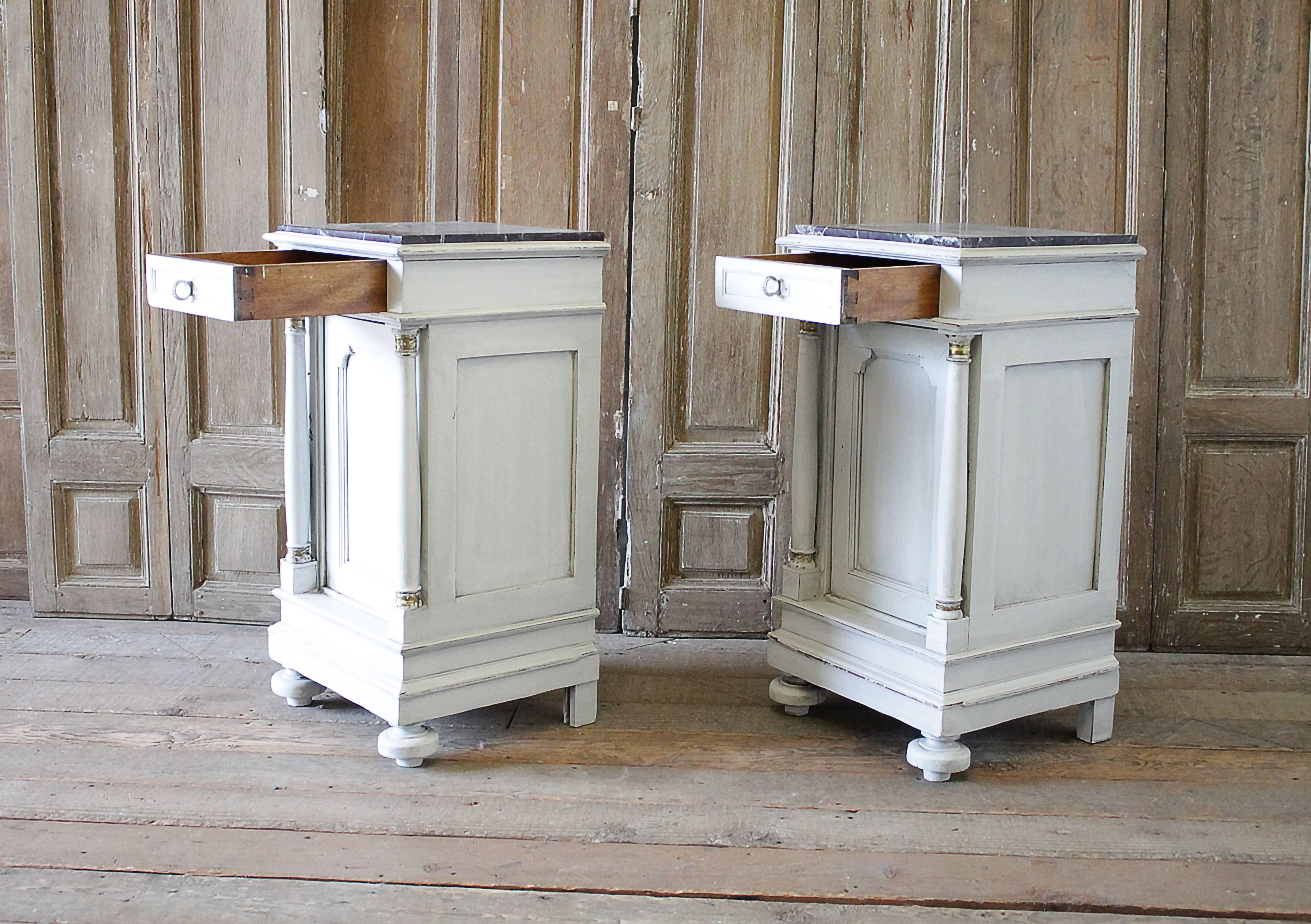 Pair of Painted Neoclassical Style Nightstands with Marble Tops 3