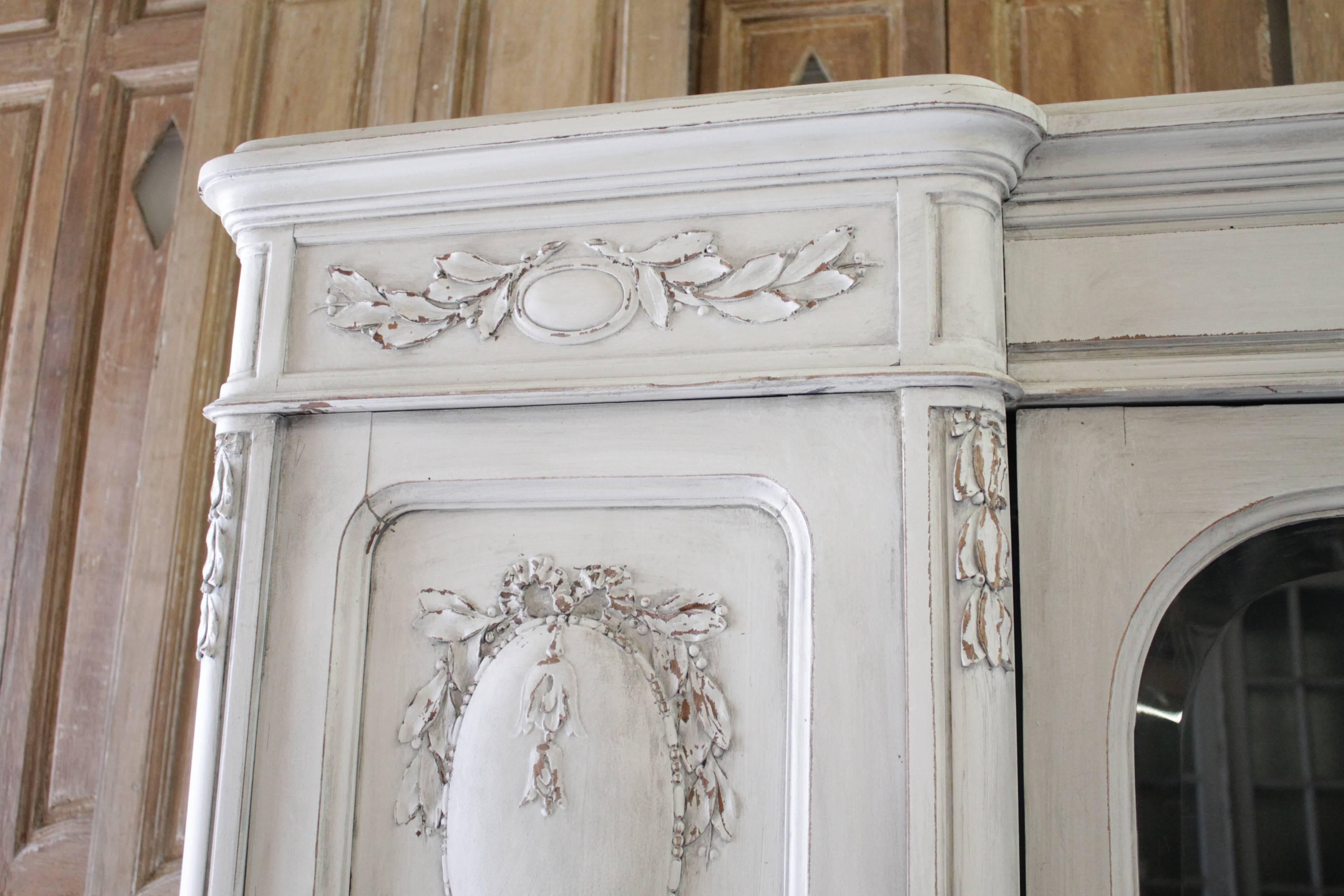 Hand-Carved Antique French Style Painted and Carved Display Triple Armoire