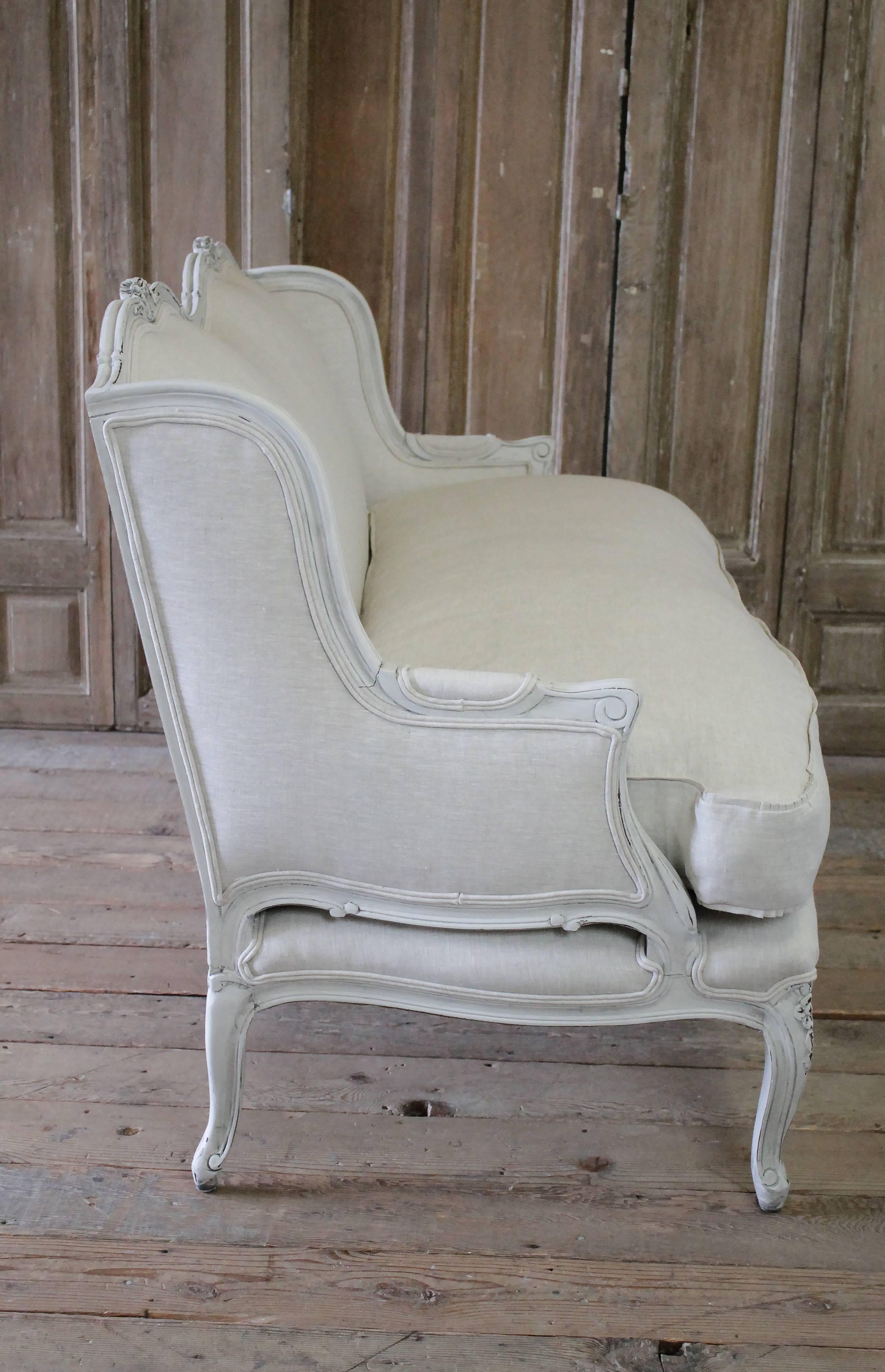 Linen 20th Century Painted and Upholstered Country French Style Loveseat