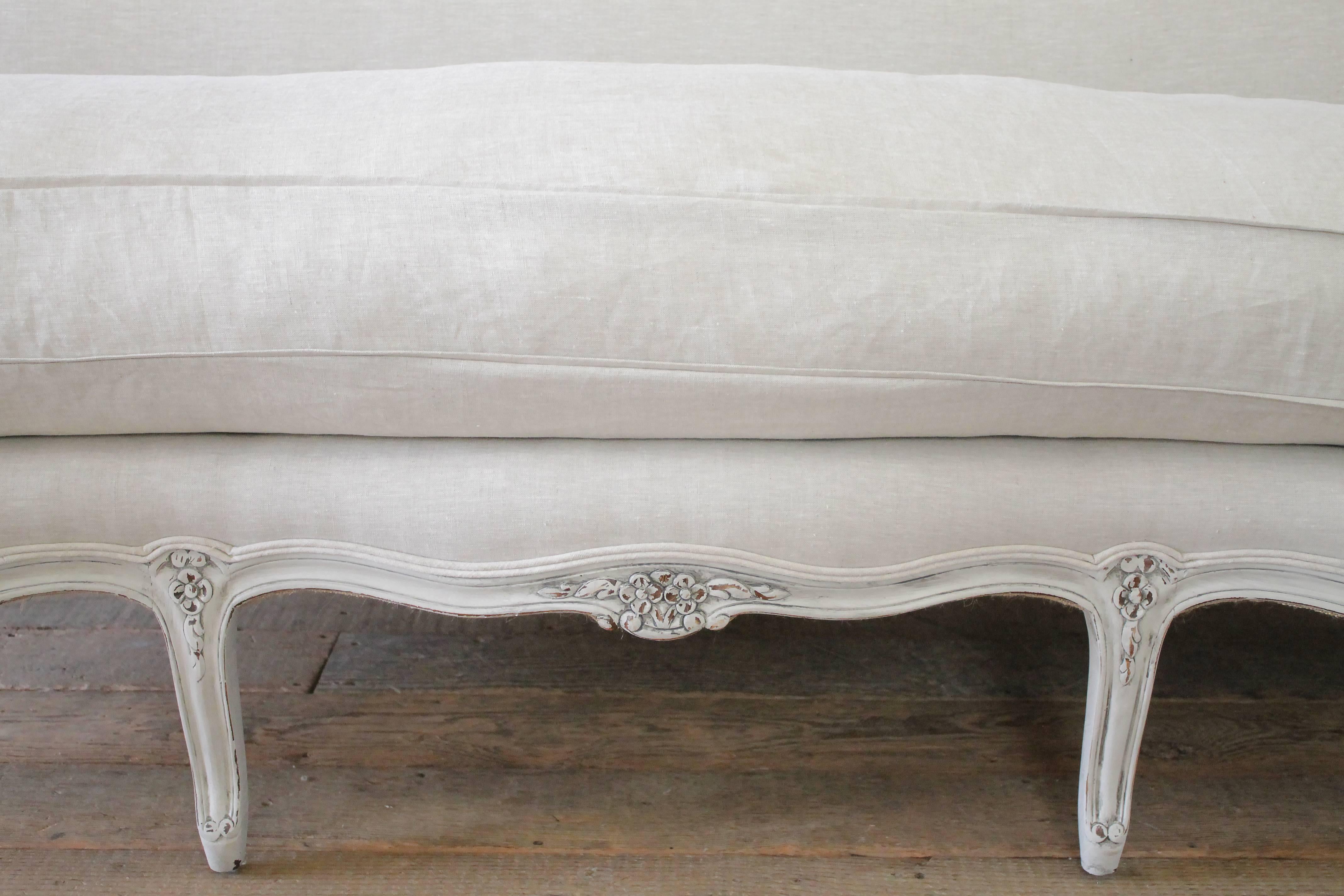 20th Century Painted and Upholstered Country French Sofa in Belgian Linen In Good Condition In Brea, CA