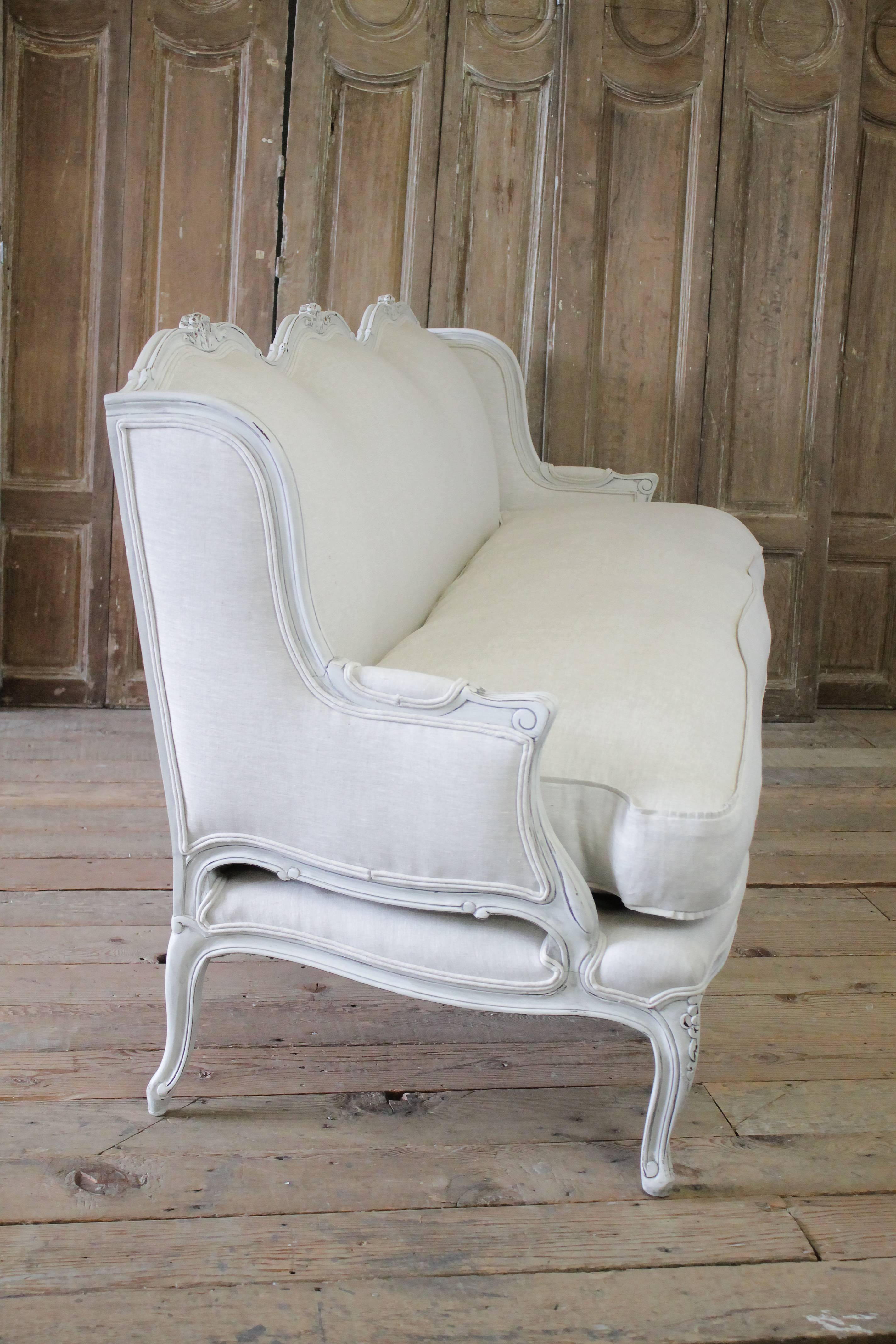 20th Century Painted and Upholstered Country French Sofa in Belgian Linen 3