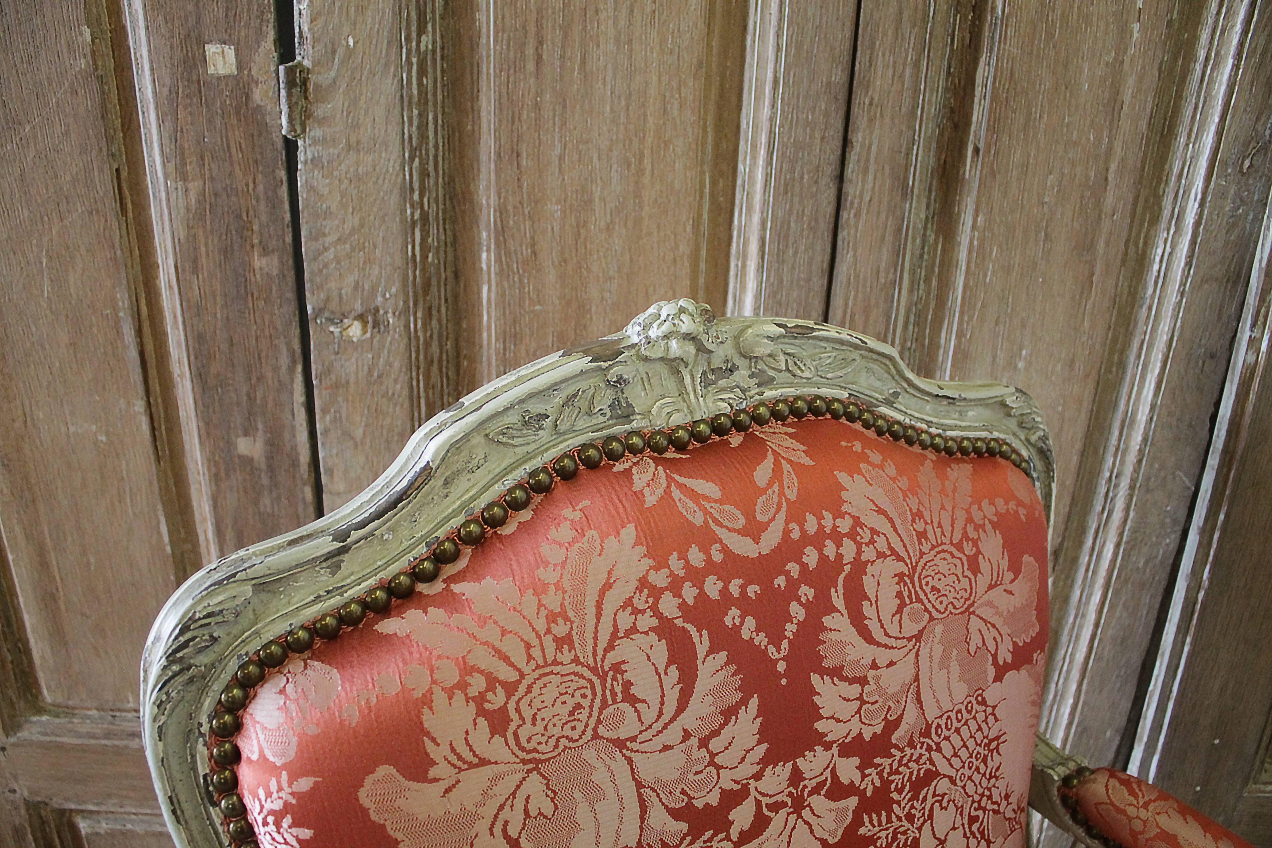 French 19th Century Antique Original Louis XV Stylepainted Fautueil Scalamandre Silk