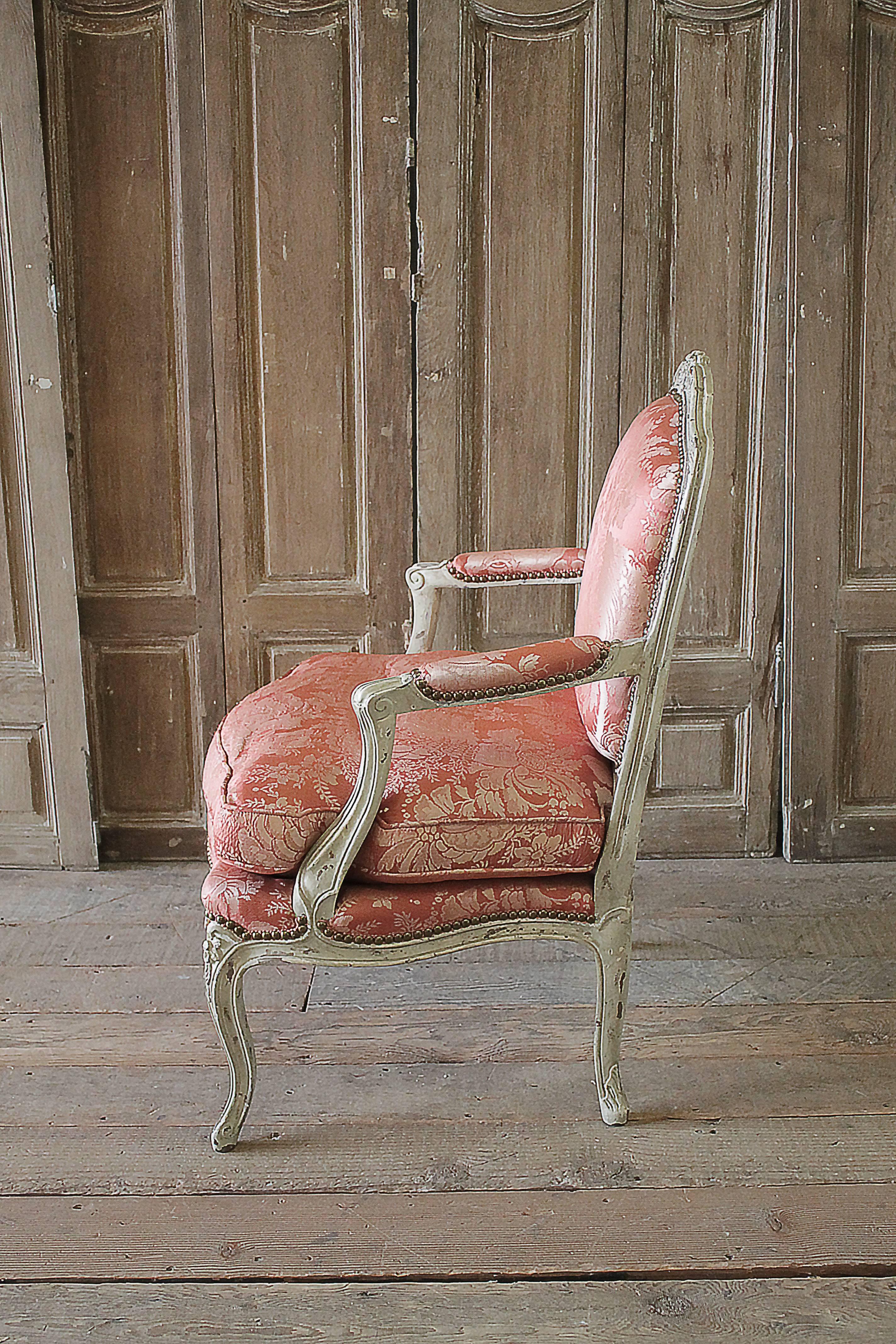 19th Century Antique Original Louis XV Stylepainted Fautueil Scalamandre Silk 2