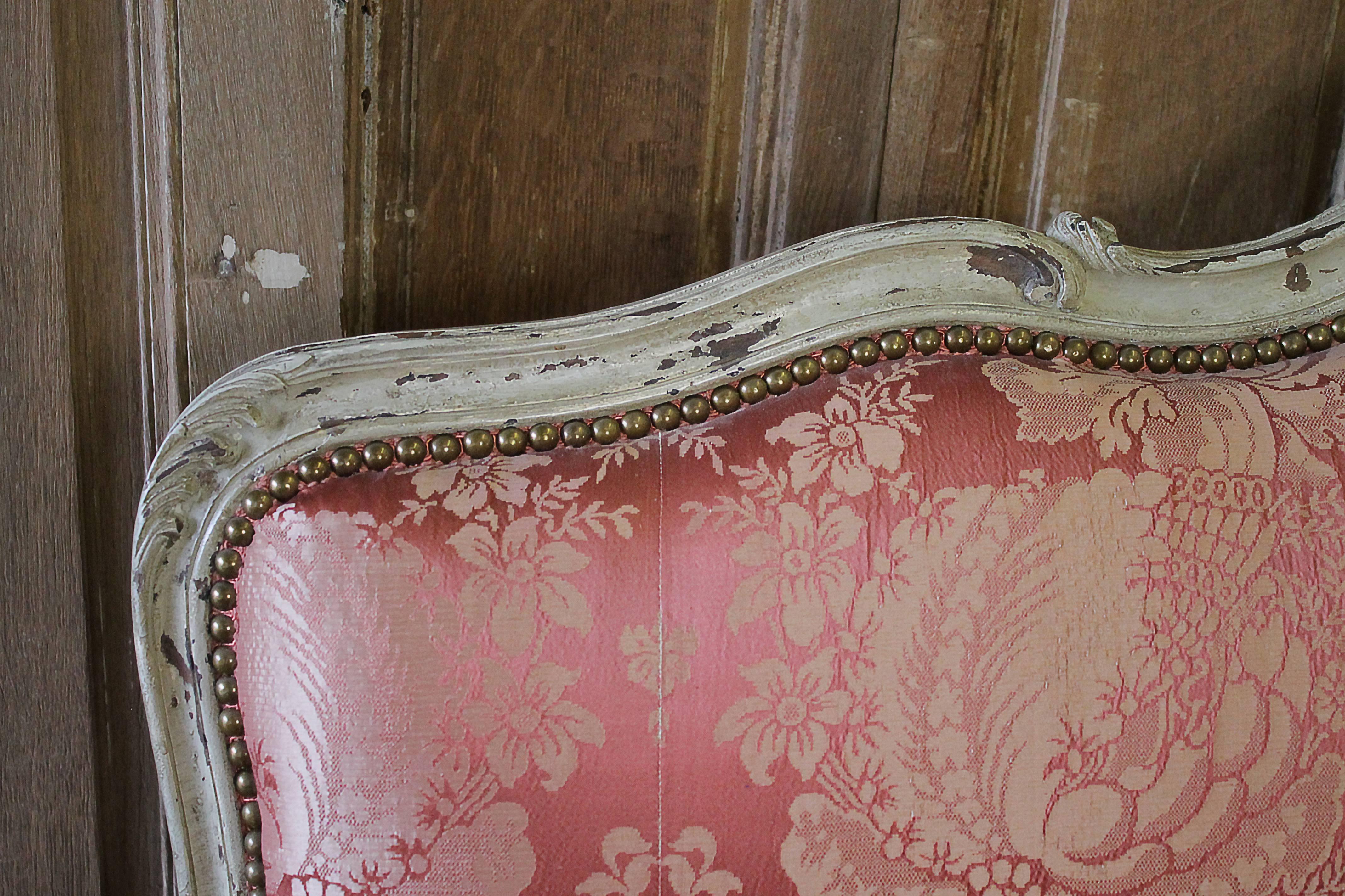Carved Set of Two 19th Century Louis XV Style Painted and Upholstered Silk French Sofa