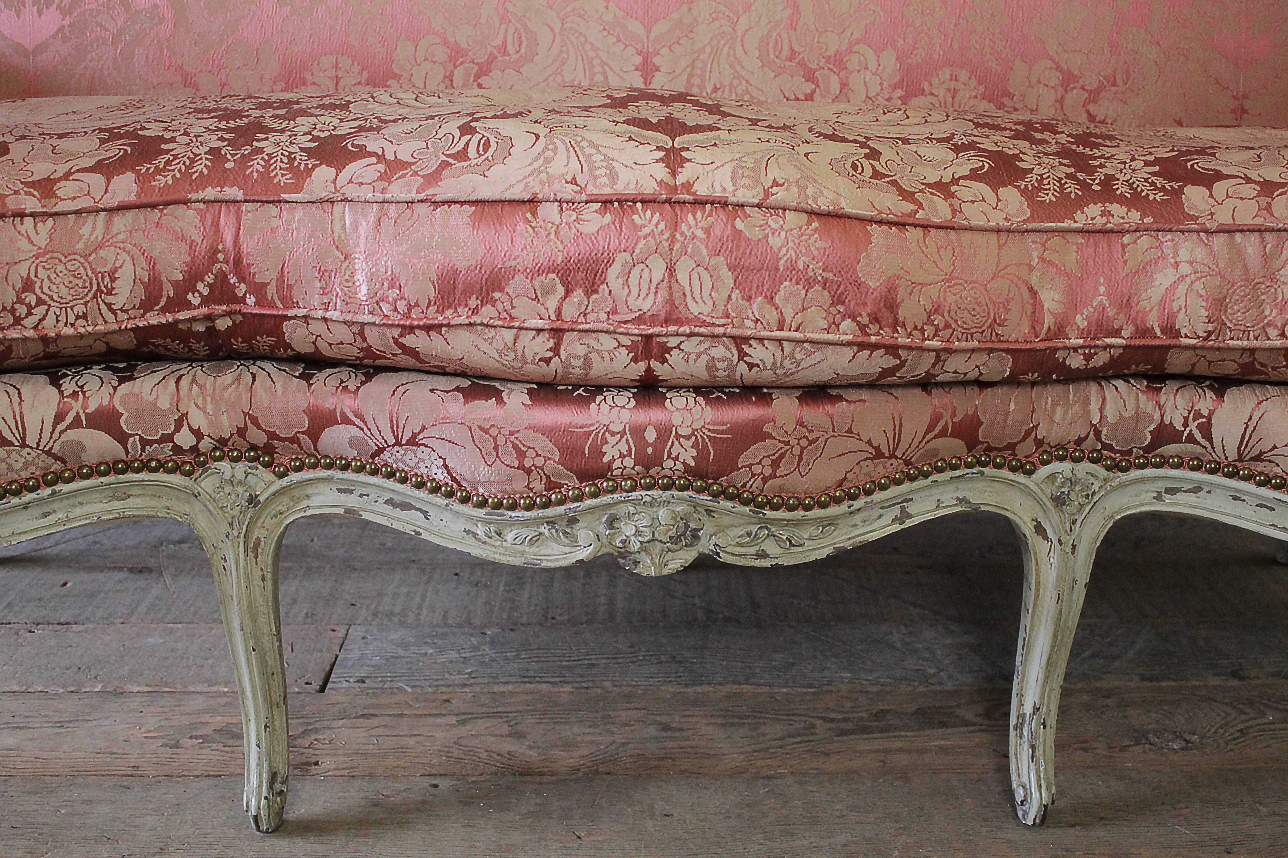 Set of Two 19th Century Louis XV Style Painted and Upholstered Silk French Sofa 1