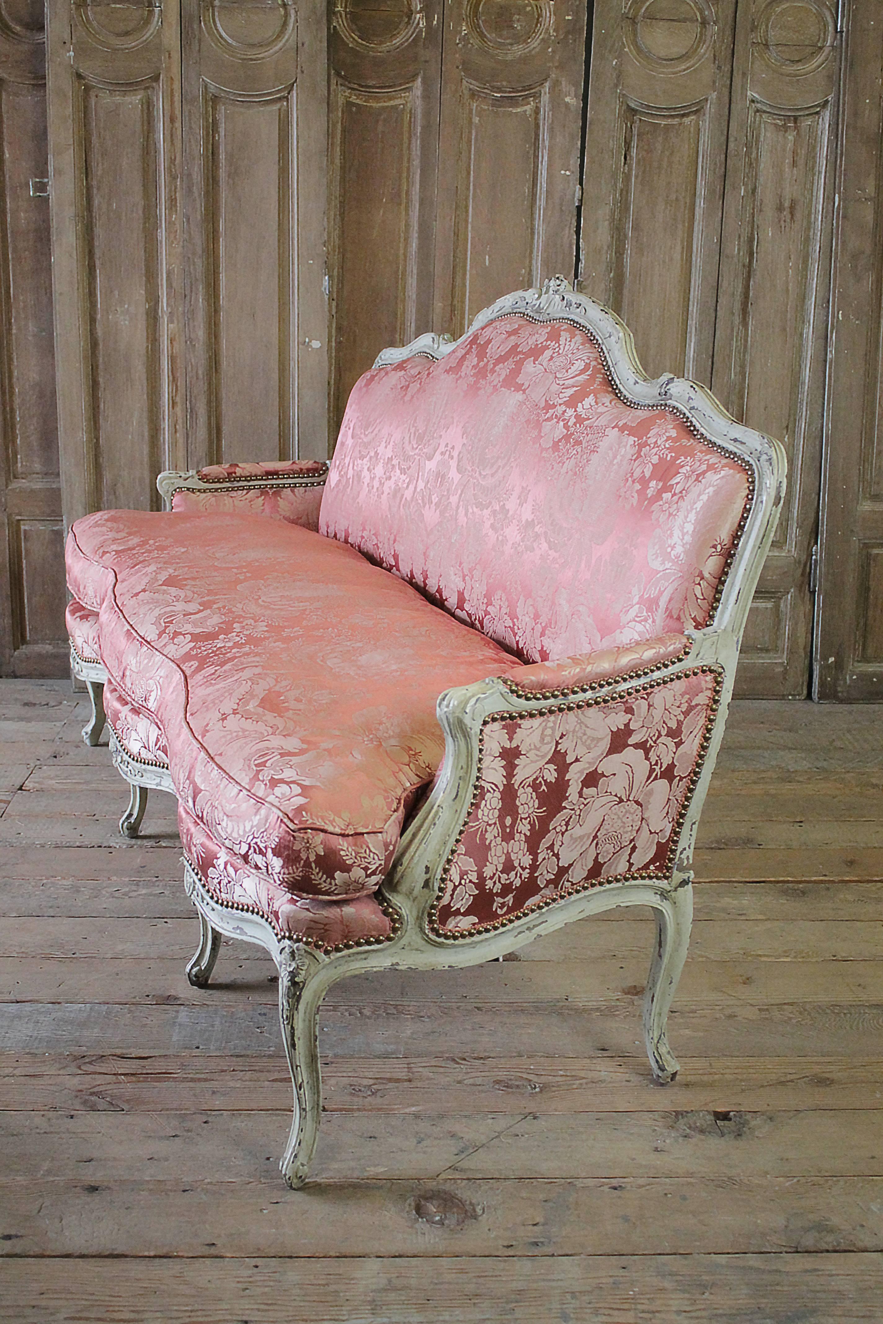Set of Two 19th Century Louis XV Style Painted and Upholstered Silk French Sofa 2