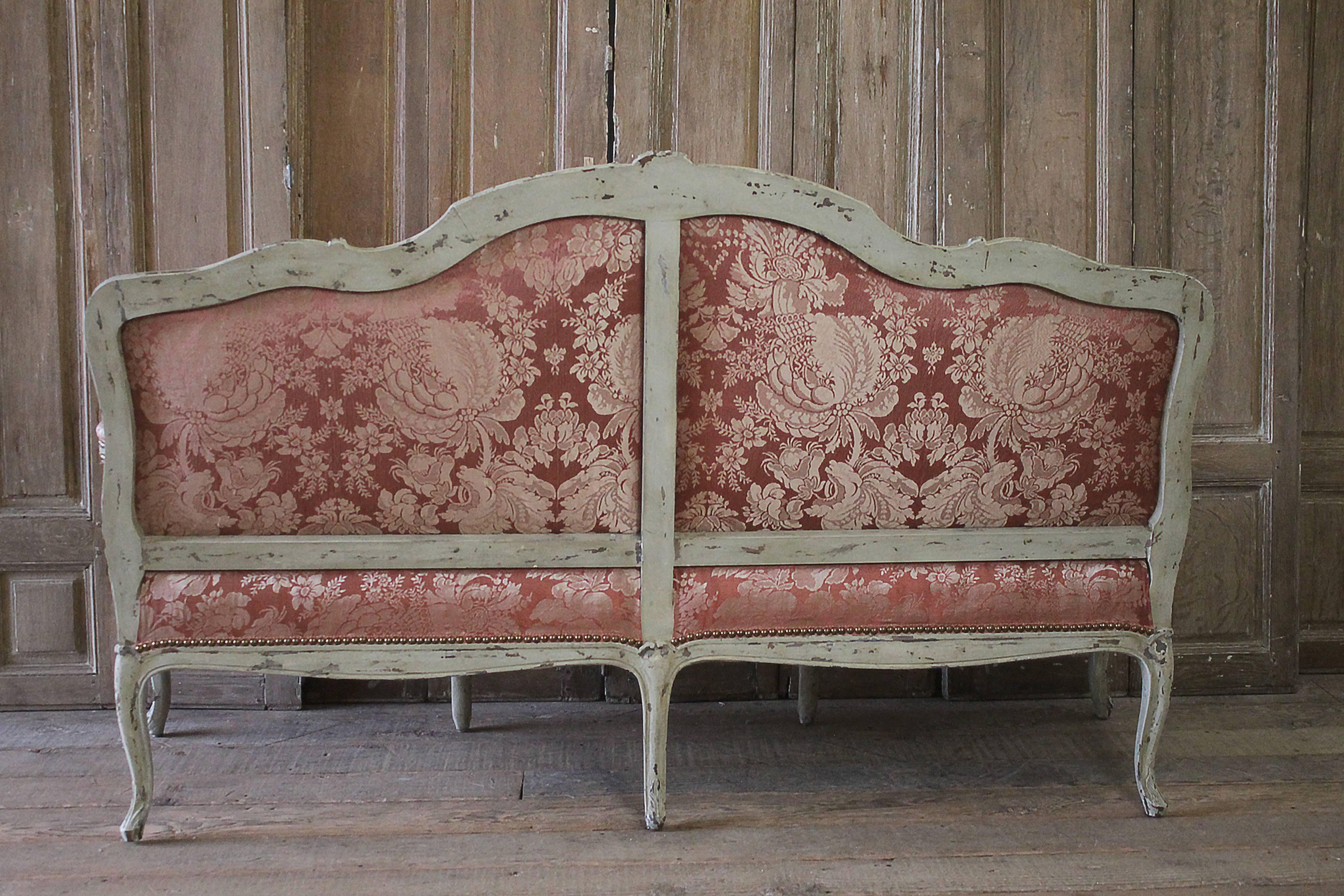 Set of Two 19th Century Louis XV Style Painted and Upholstered Silk French Sofa 5
