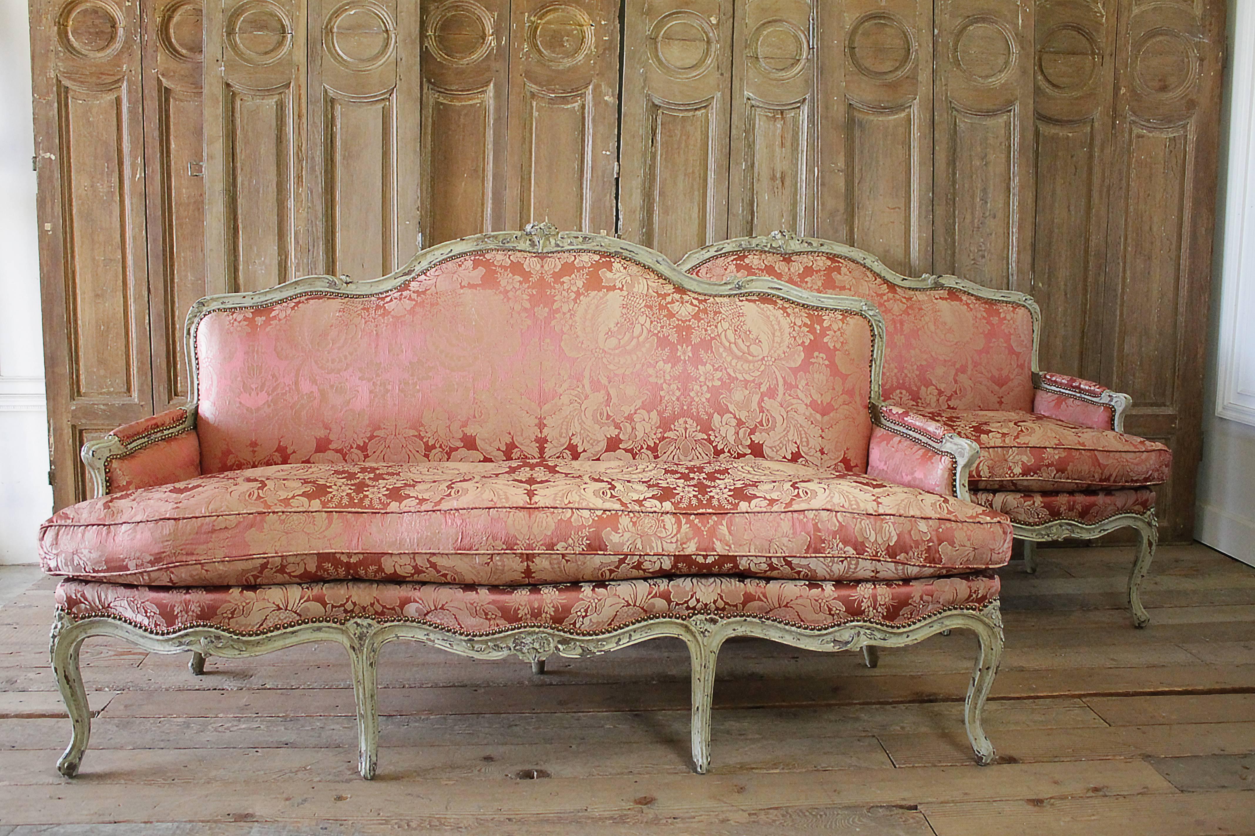 Set of Two 19th Century Louis XV Style Painted and Upholstered Silk French Sofa 4