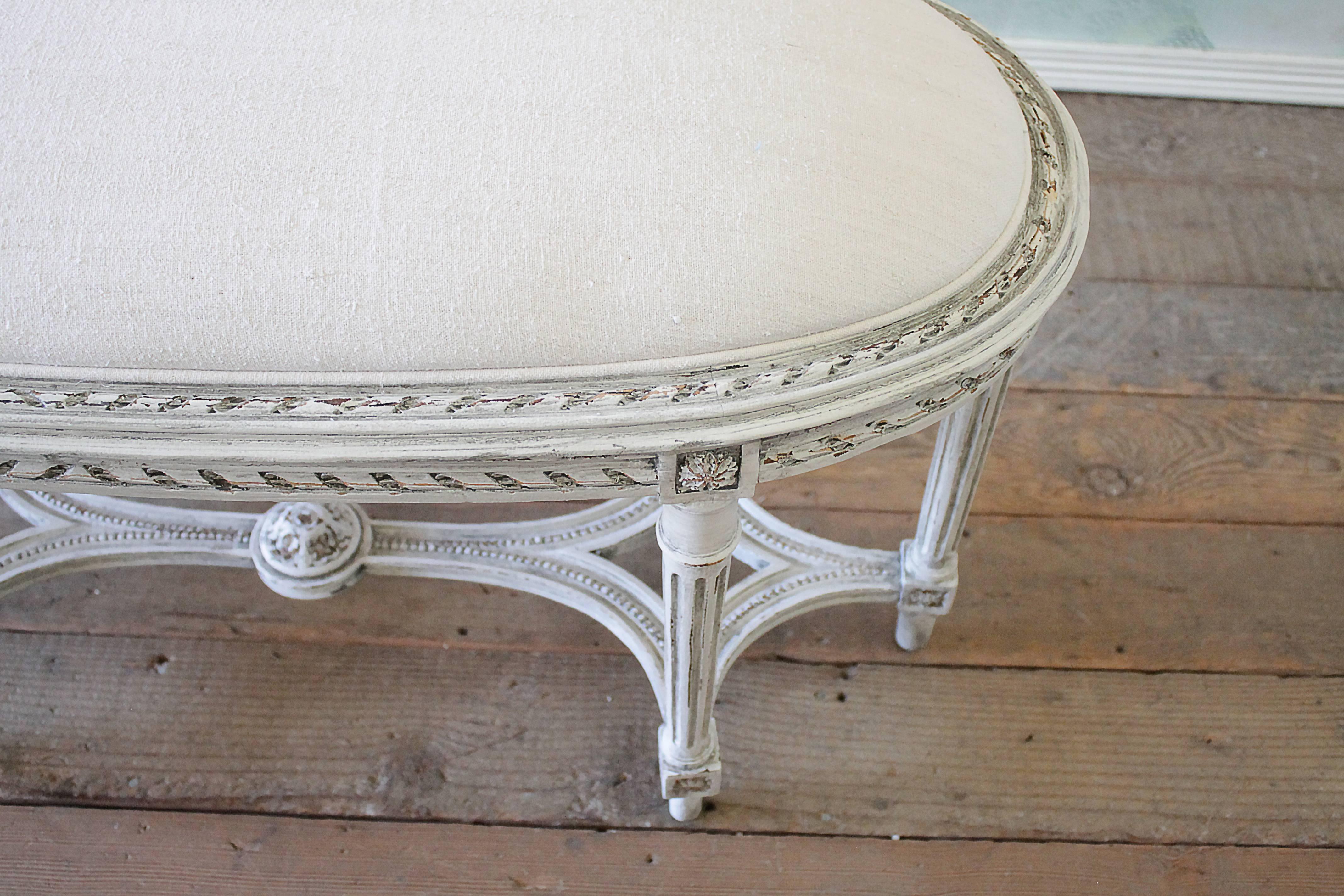 Antique Louis XVI Style Upholstered Oval Bench with Six Legs In Good Condition In Brea, CA