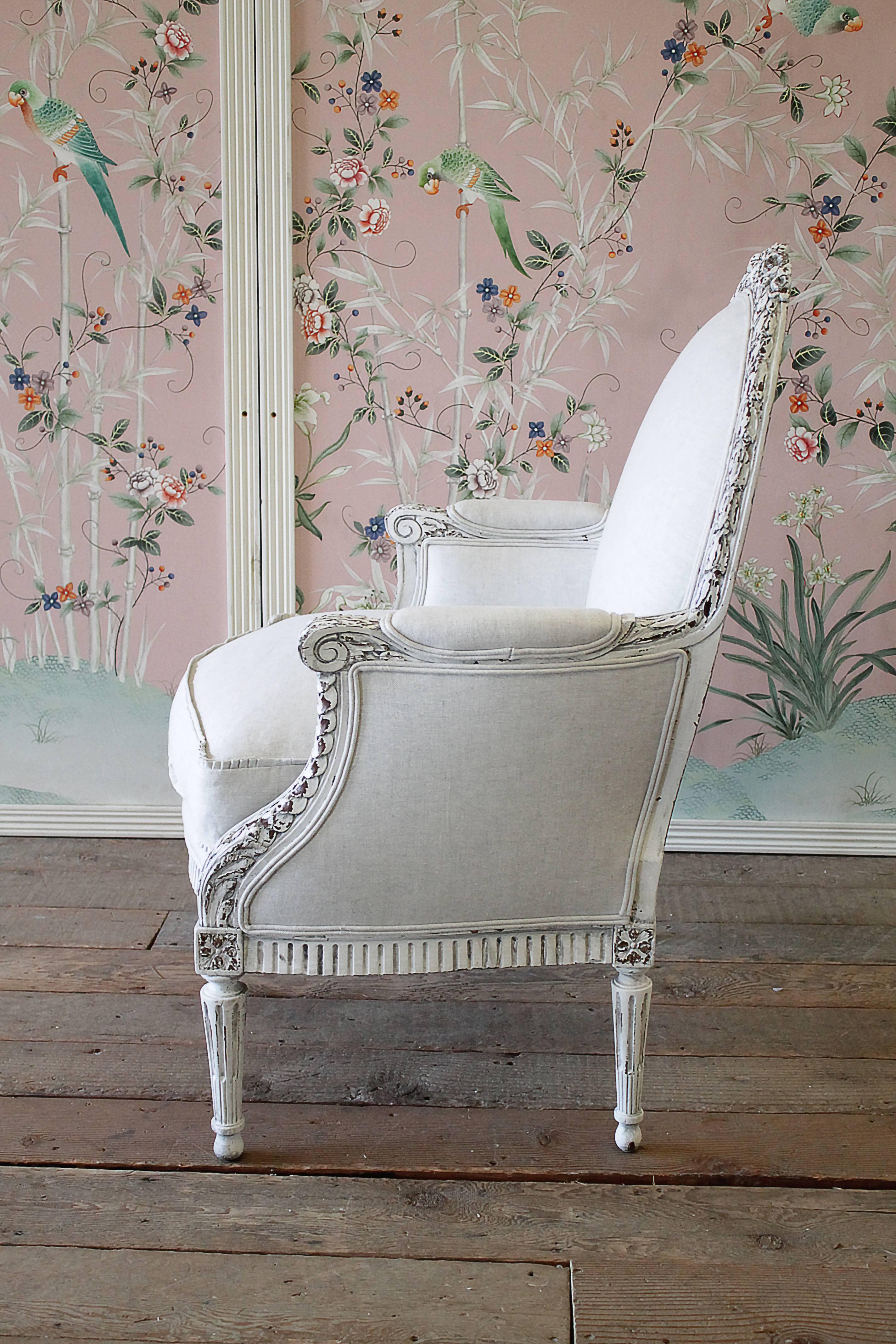 Early 20th Century Carved and Painted Louis XVI Style Bergere Chair 2
