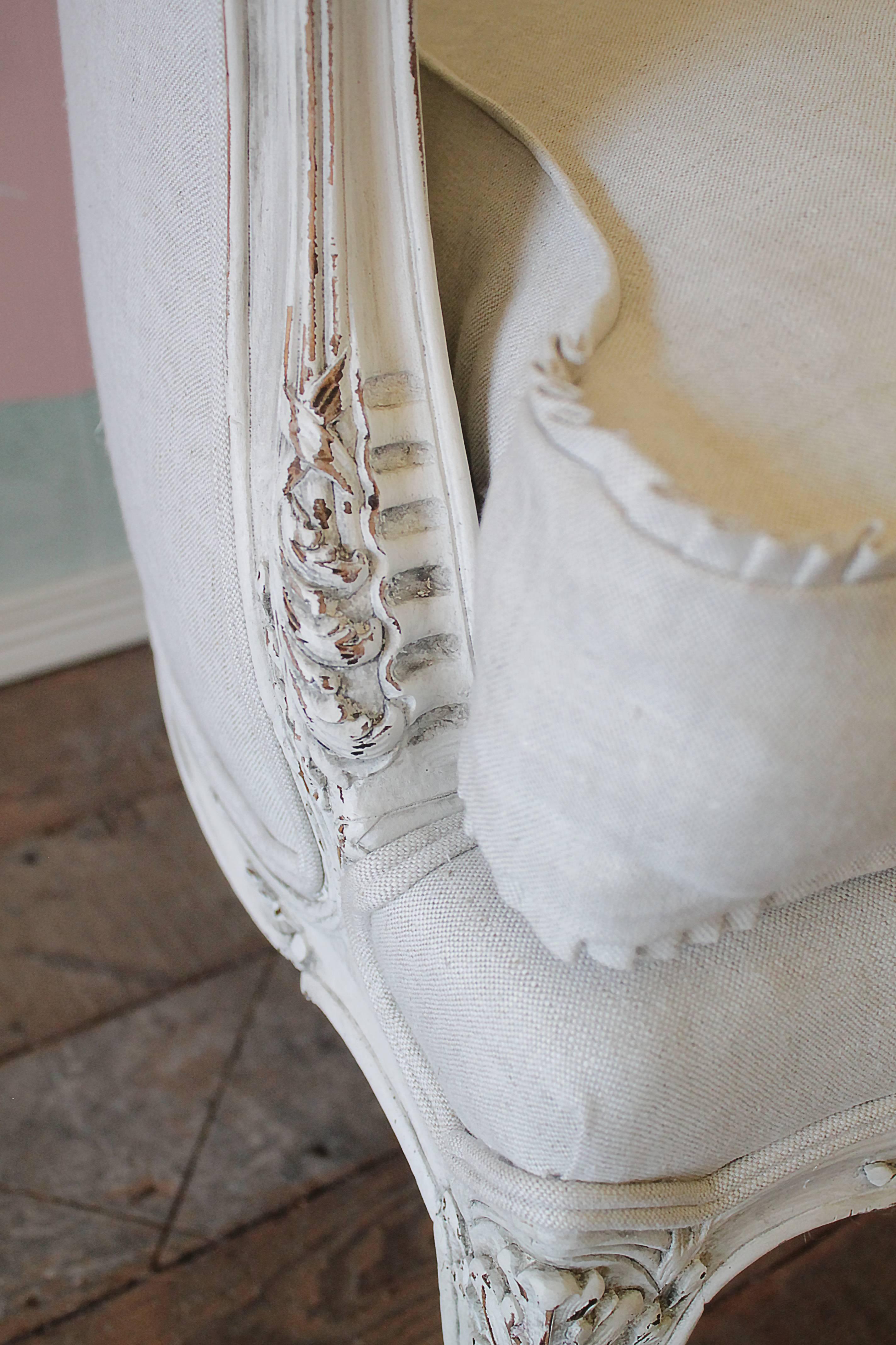 Linen 19th Century Louis XV Style Carved French Rococo Wing Back Chair