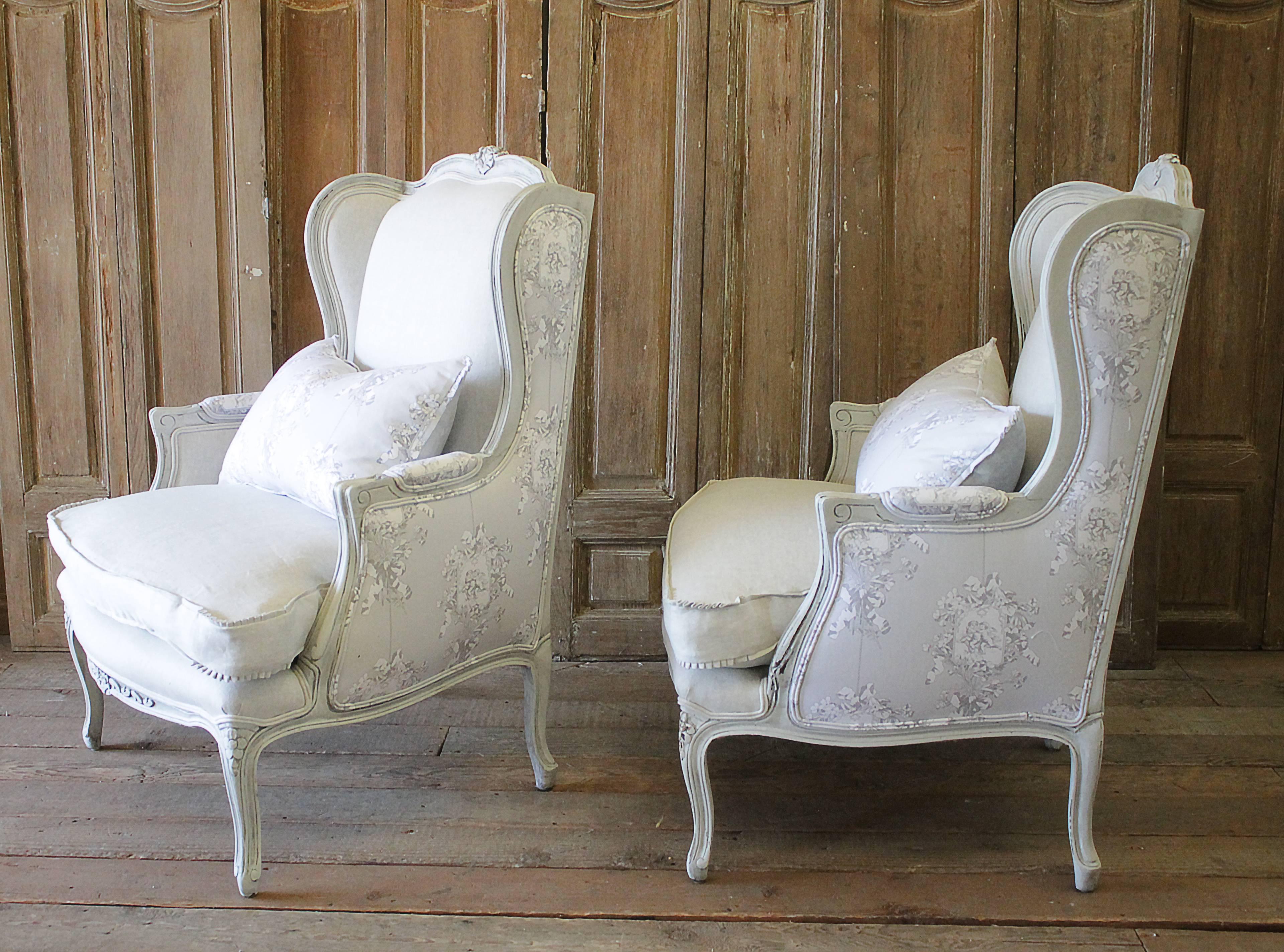Antique Pair of French Country Style Bergere Wingback Chairs 1