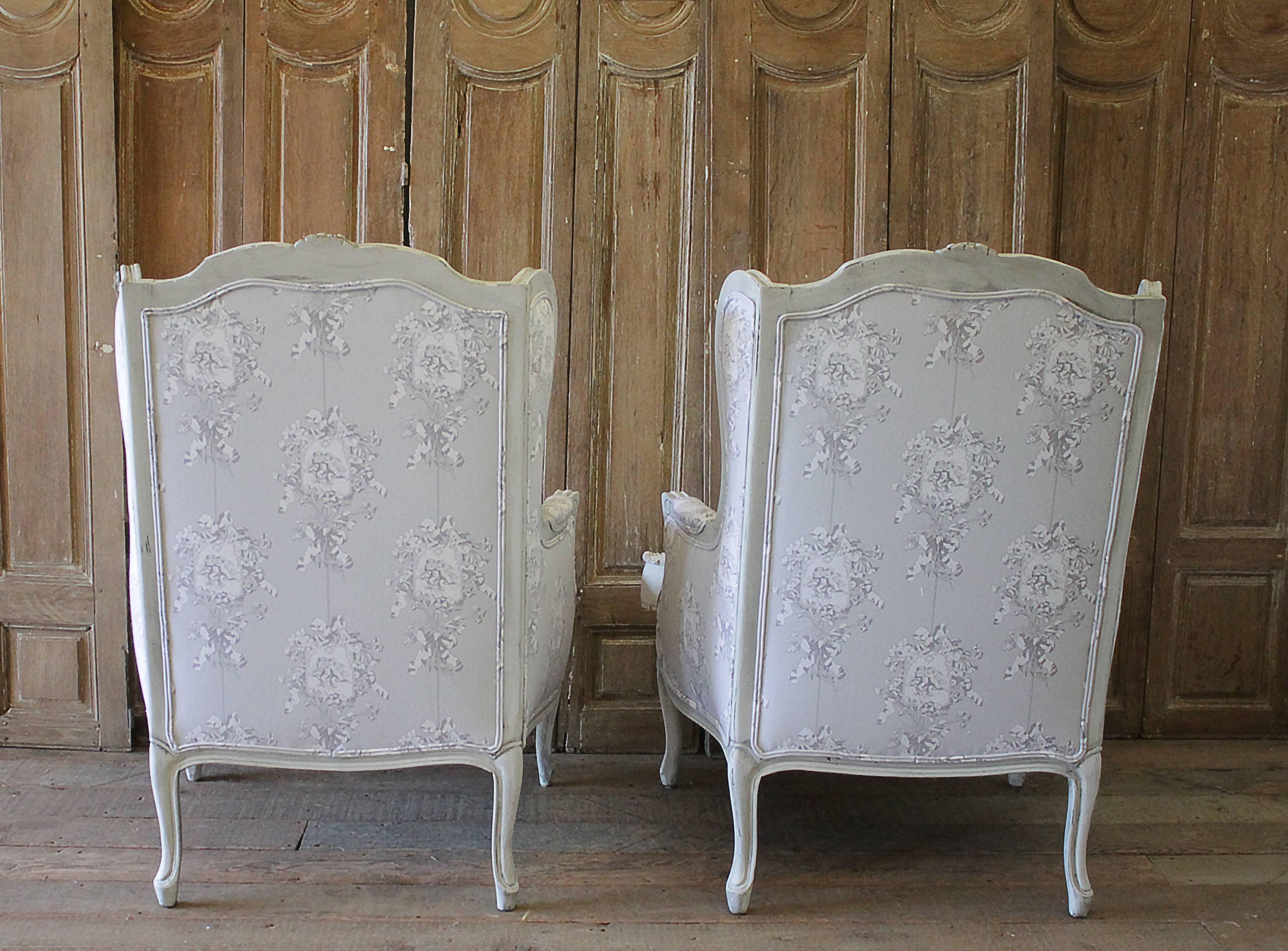 Antique Pair of French Country Style Bergere Wingback Chairs 2