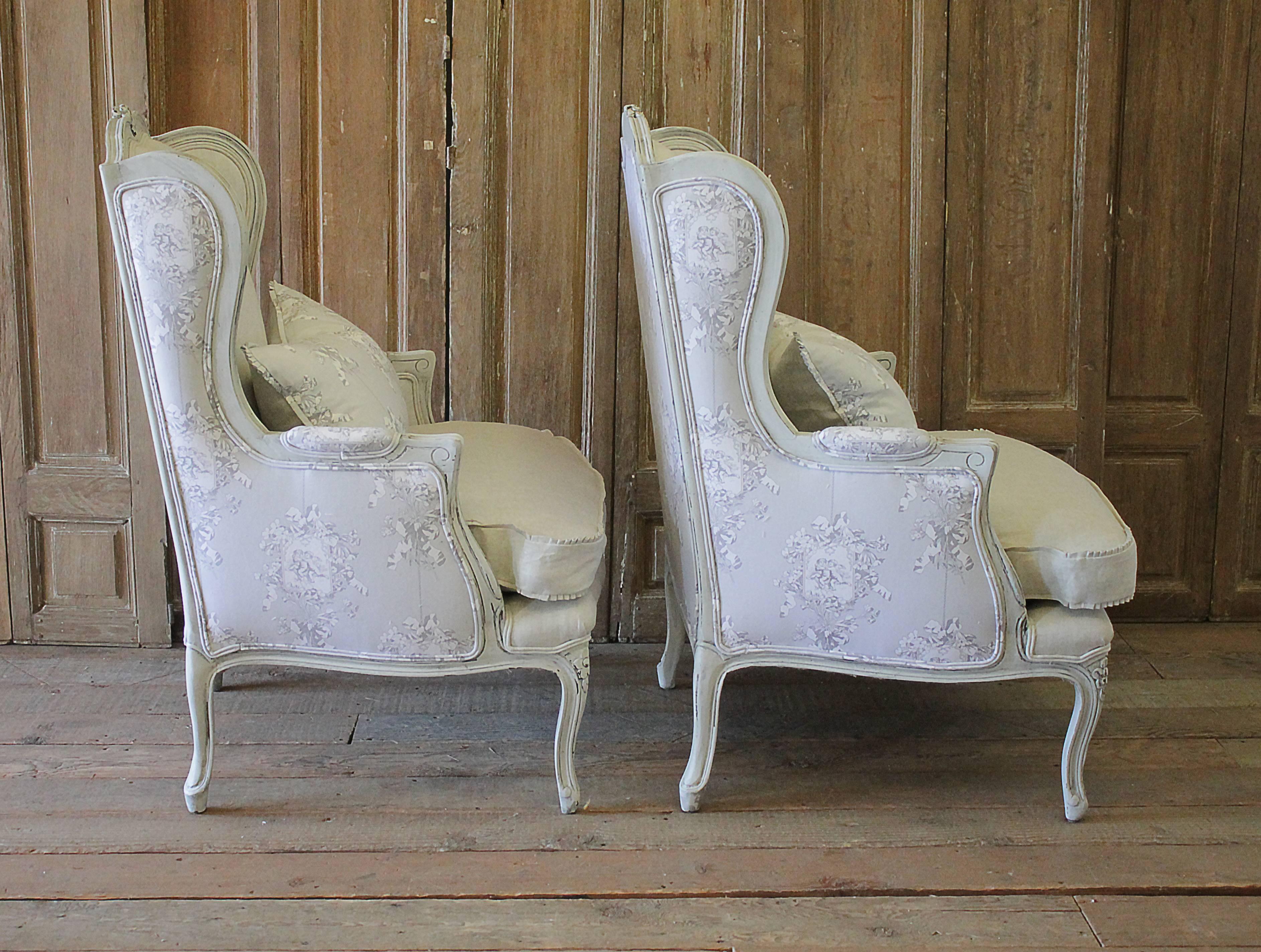 Antique Pair of French Country Style Bergere Wingback Chairs 3