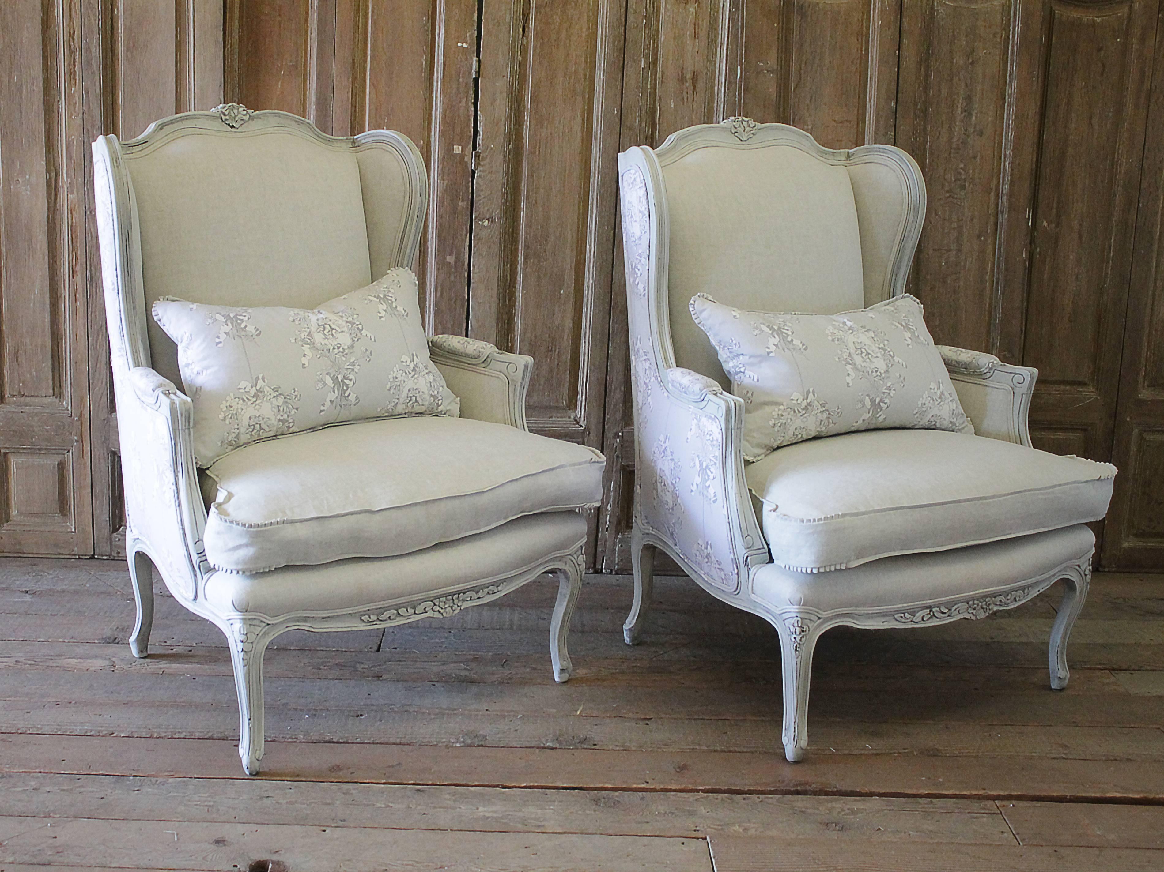 Cotton Antique Pair of French Country Style Bergere Wingback Chairs