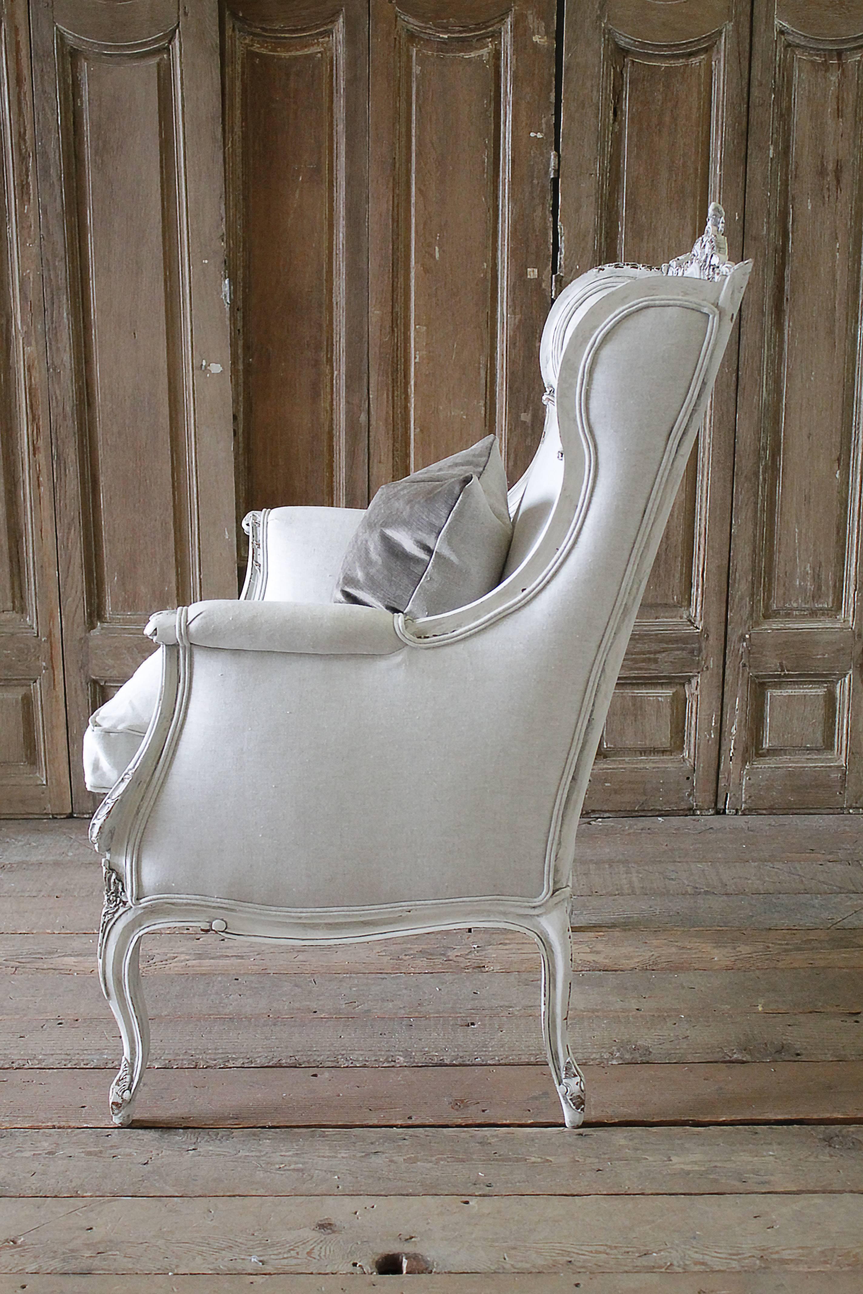 19th Century Carved and Painted Louis XV Style Wing Chair Upholstered in Linen 3