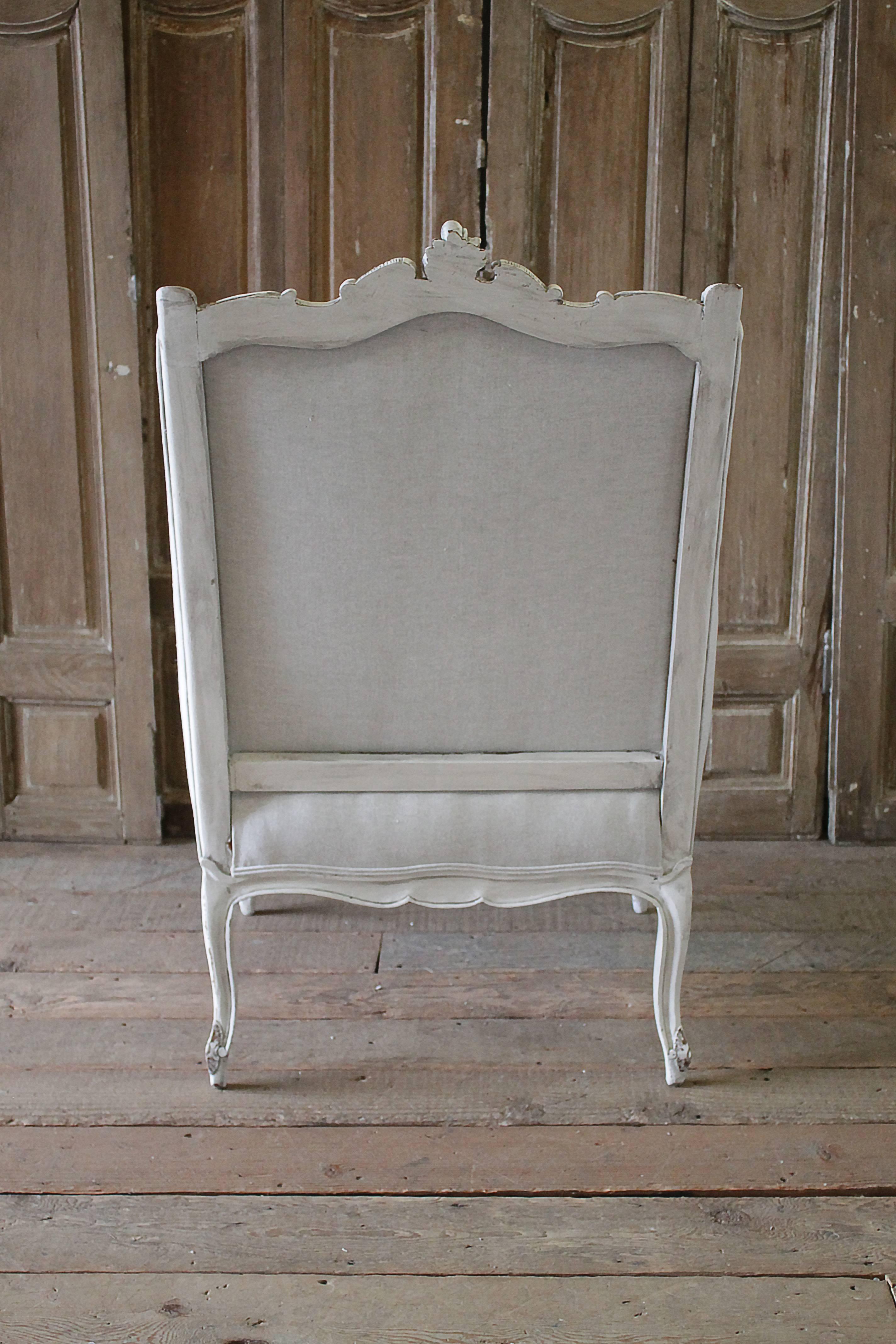 19th Century Carved and Painted Louis XV Style Wing Chair Upholstered in Linen 4