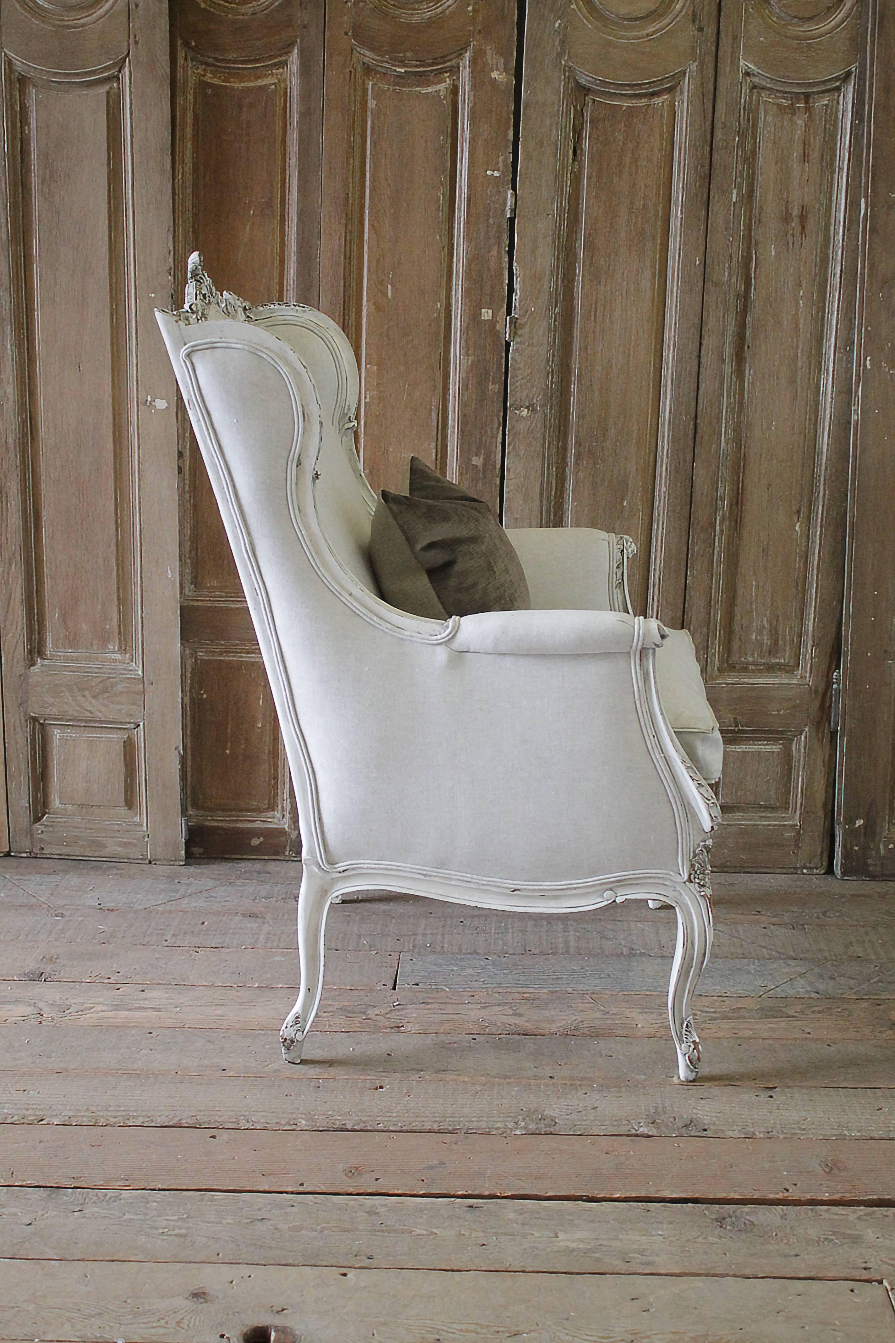 19th Century Carved and Painted Louis XV Style Wing Chair Upholstered in Linen 5