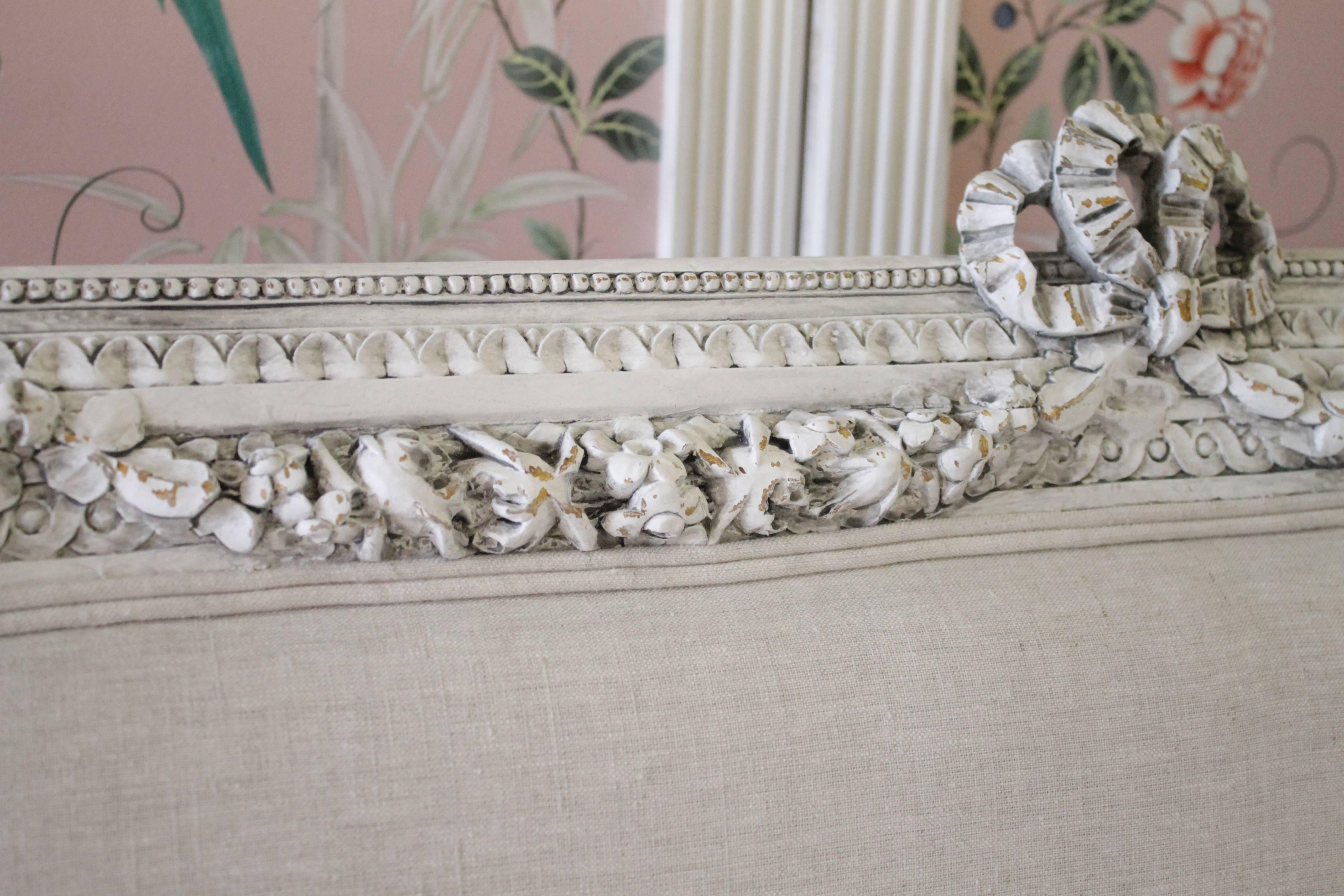 Neoclassical Antique French Louis XVI Style Loveseat Painted and Upholstered in Irish Linen