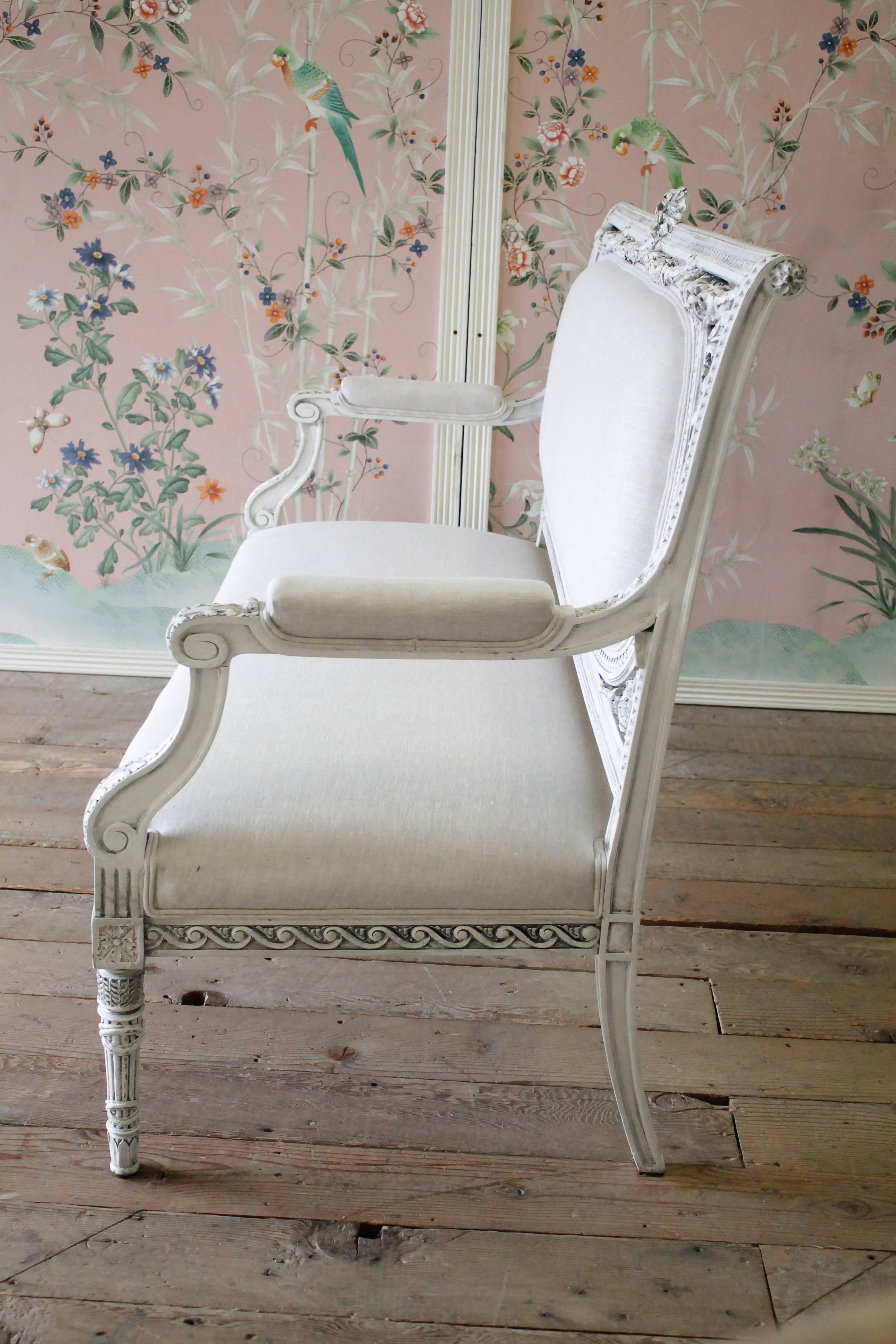 Antique French Louis XVI Style Loveseat Painted and Upholstered in Irish Linen 2
