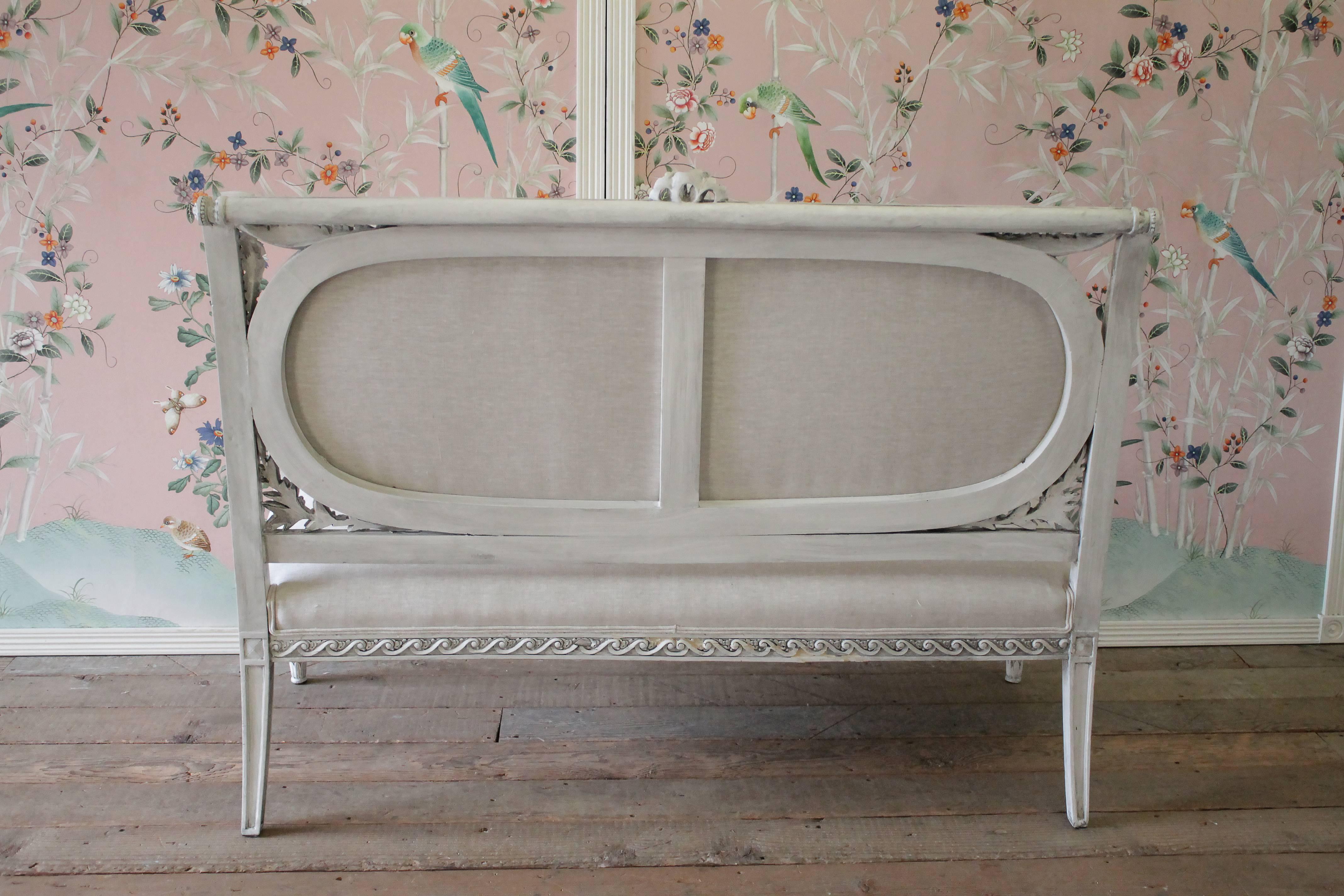 Antique French Louis XVI Style Loveseat Painted and Upholstered in Irish Linen 3